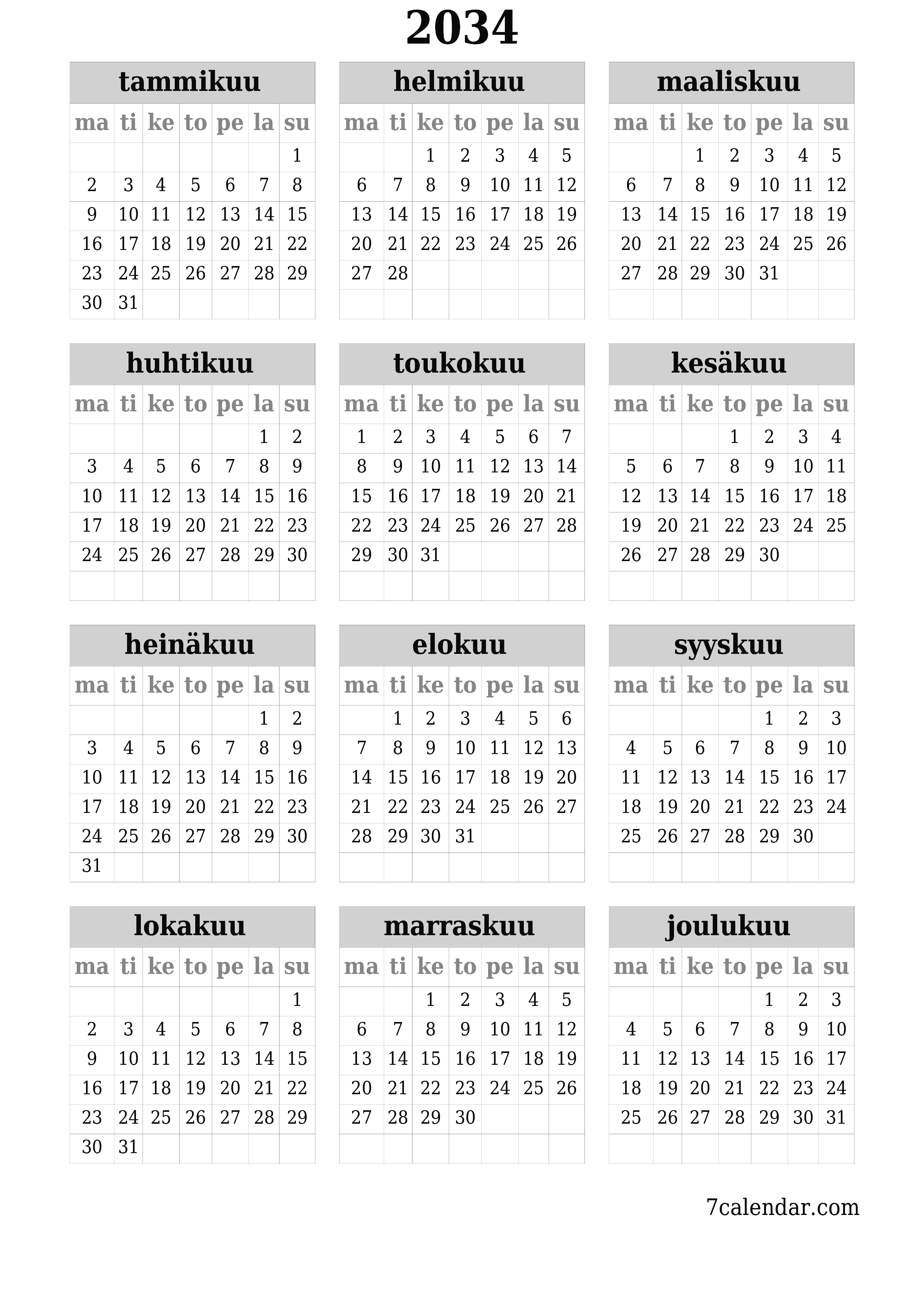 Tyhjä vuosisuunnittelukalenteri vuodelle 2034 muistiinpanoilla, tallenna ja tulosta PDF-muotoon PNG Finnish