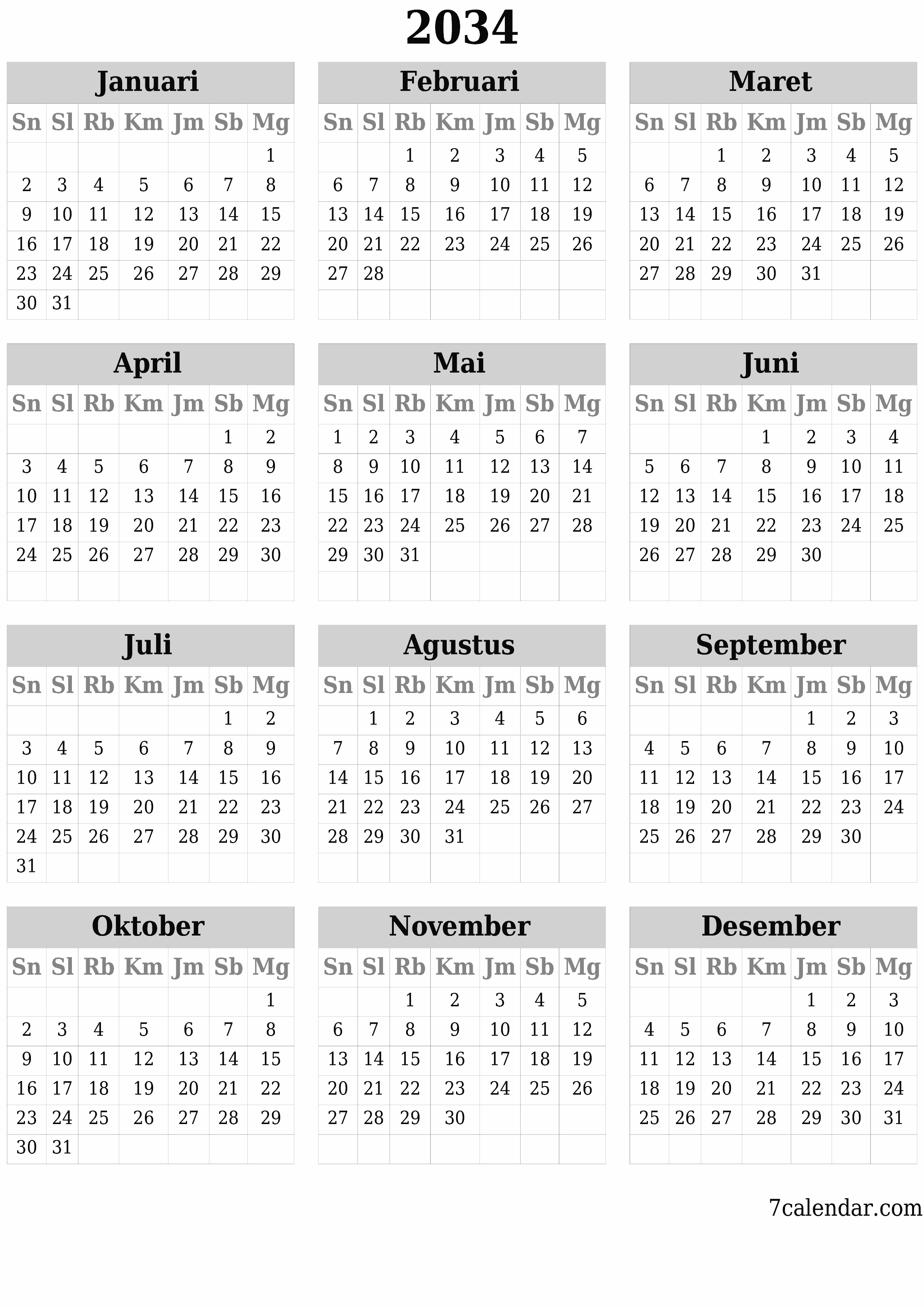 Kosongkan kalender perencana tahunan untuk tahun ini 2034 dengan catatan, simpan dan cetak ke PDF PNG Indonesian