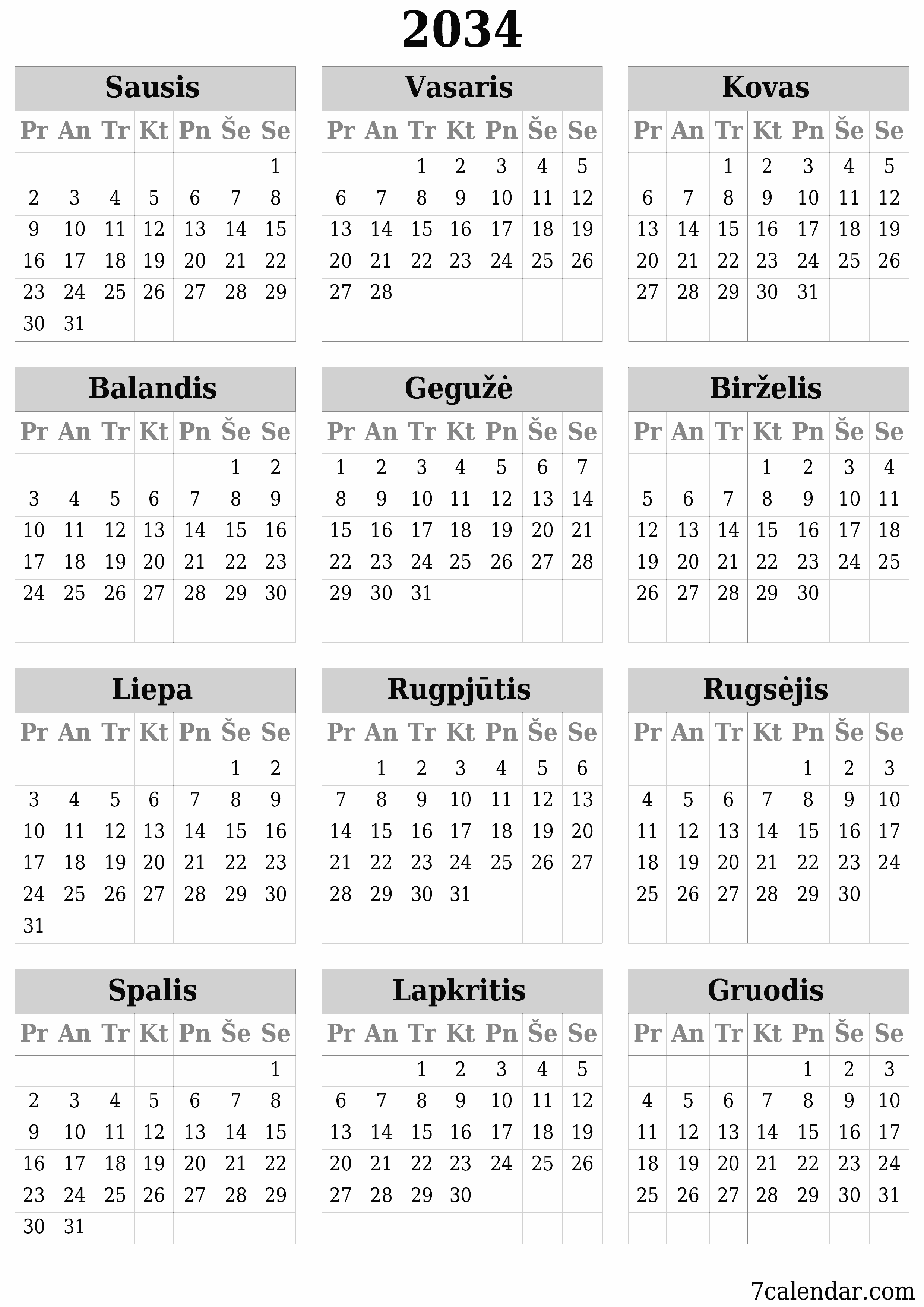 spausdinamas sieninis kalendoriaus šabloną nemokamas vertikaliai Kasmet kalendorius Birželis (Bir) 2034