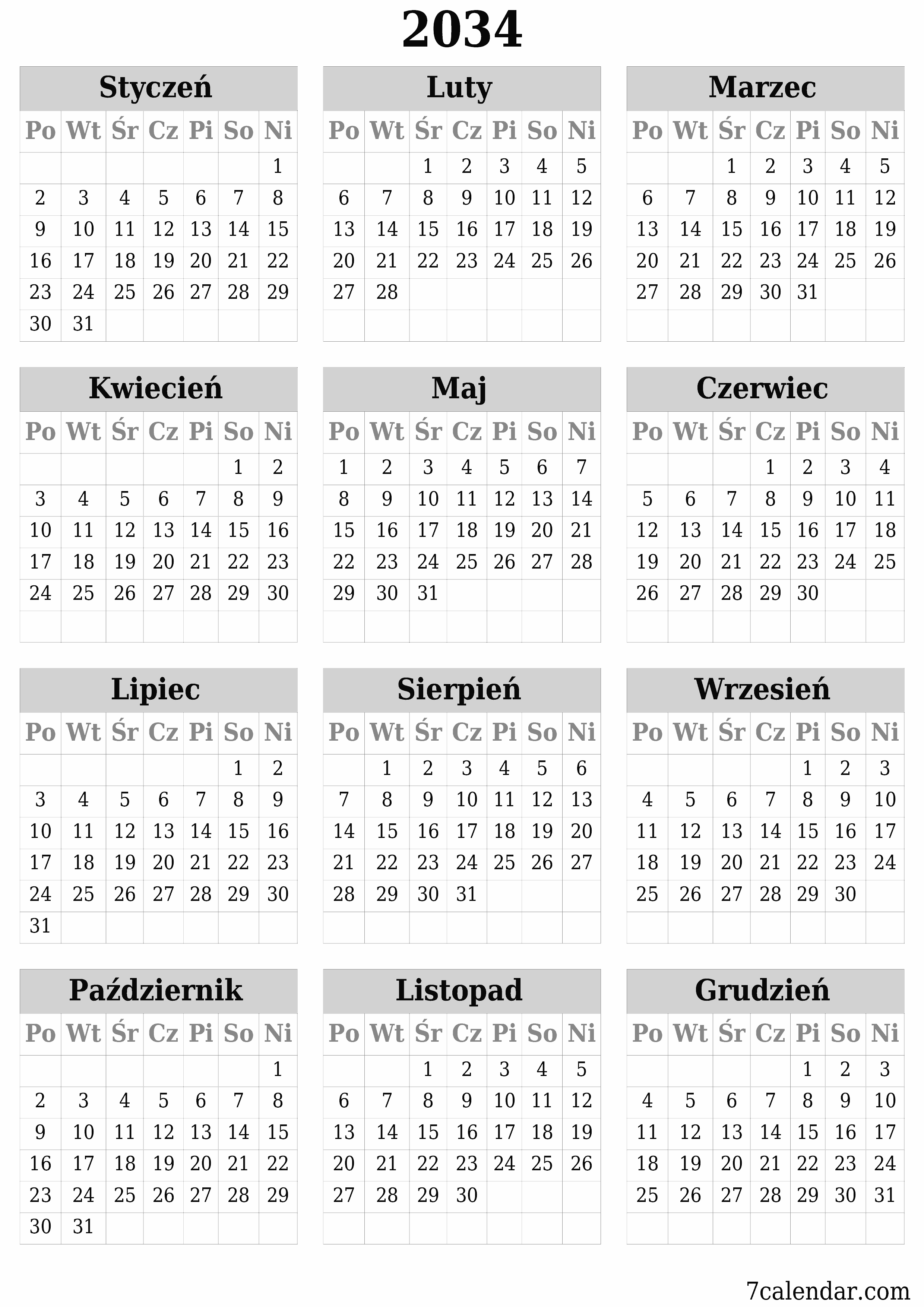  do druku ścienny szablon a darmowy pionowy Roczny kalendarz Czerwiec (Cze) 2034