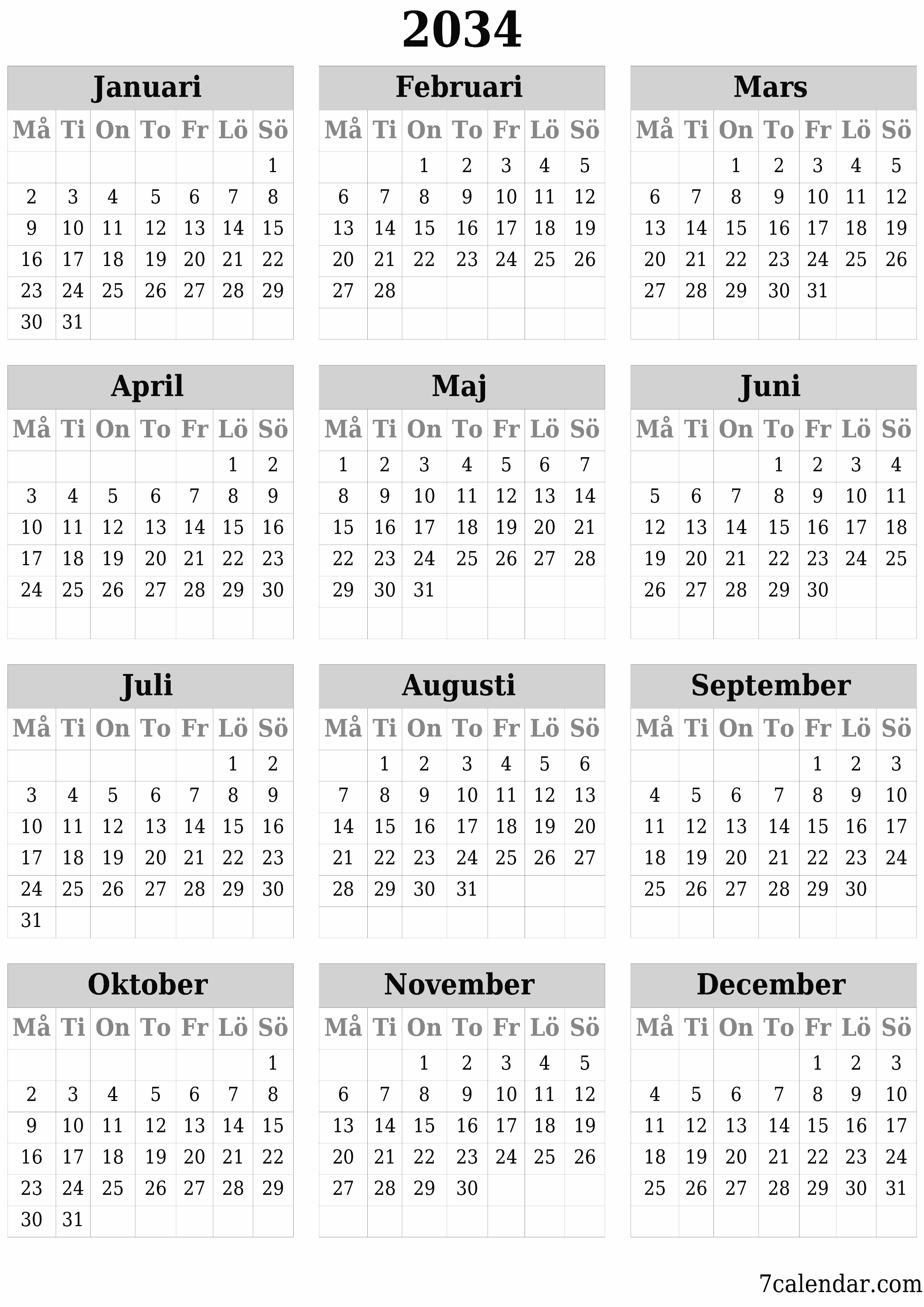 Tom årlig planeringskalender för året 2034 med anteckningar, spara och skriv ut till PDF PNG Swedish