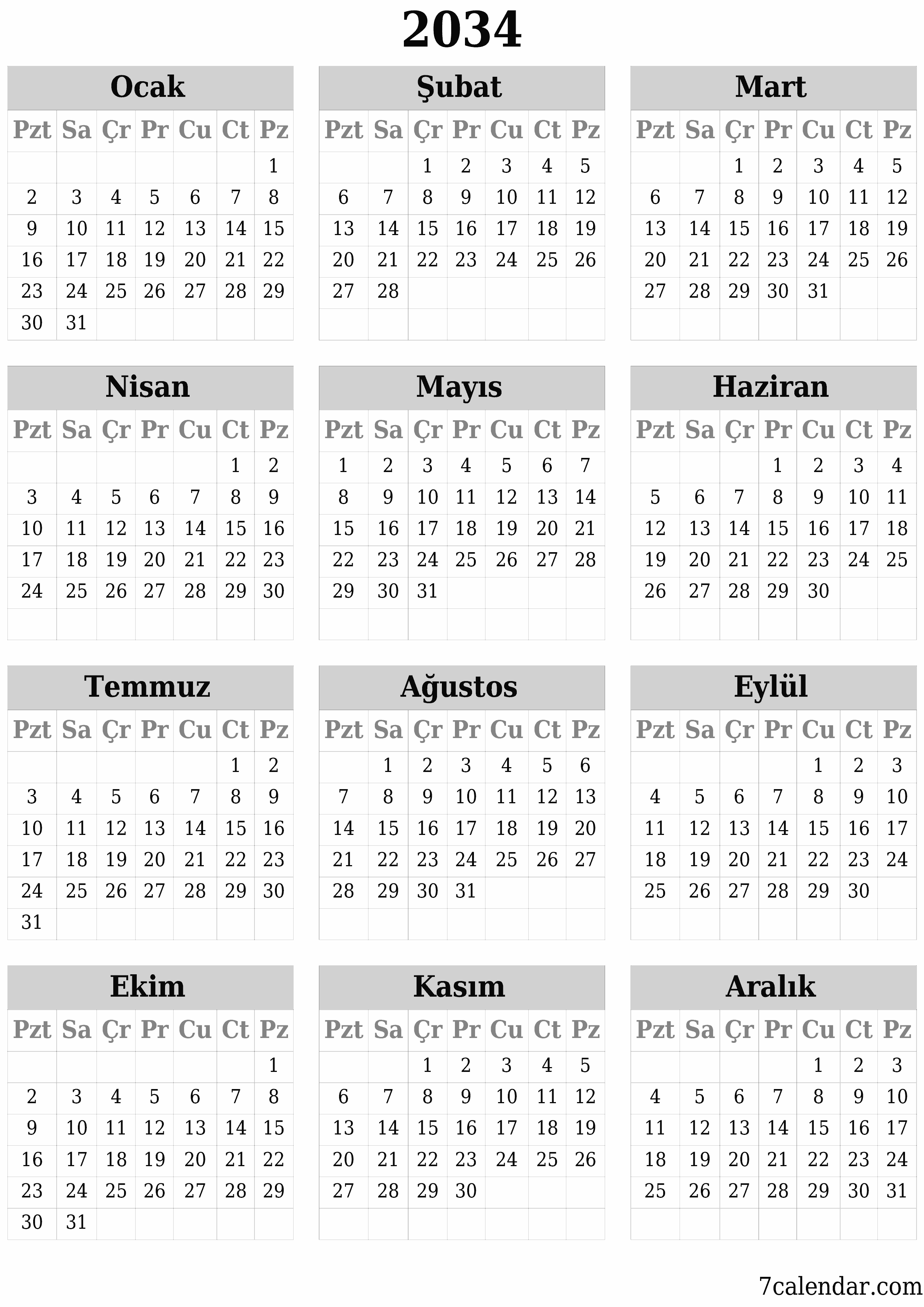 yazdırılabilir duvar i şablonu ücretsiz dikey Yıllık takvim Haziran (Haz) 2034
