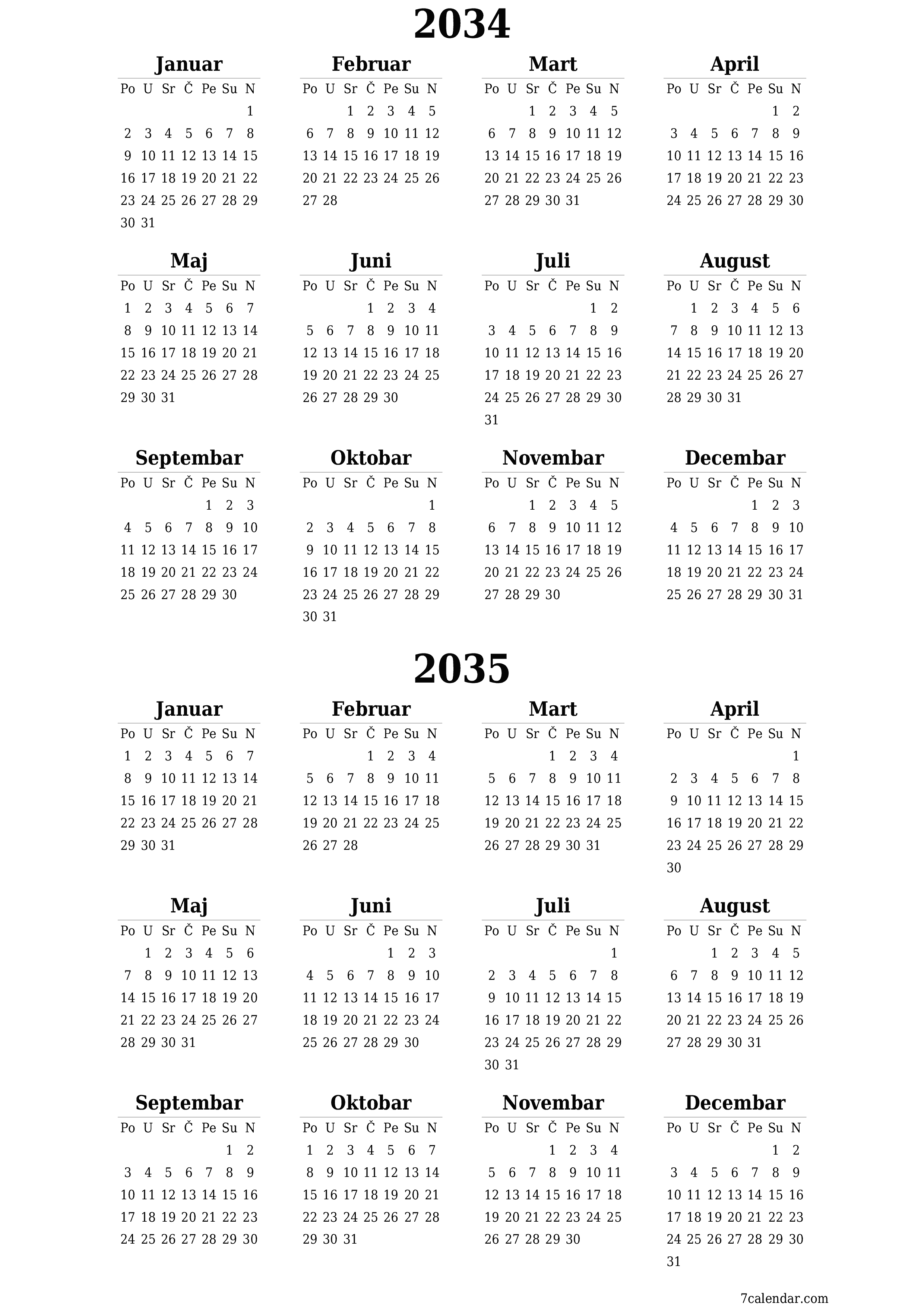  za štampanje zidni šablon a besplatni vertikalno Godišnje kalendar Juni (Jun) 2034