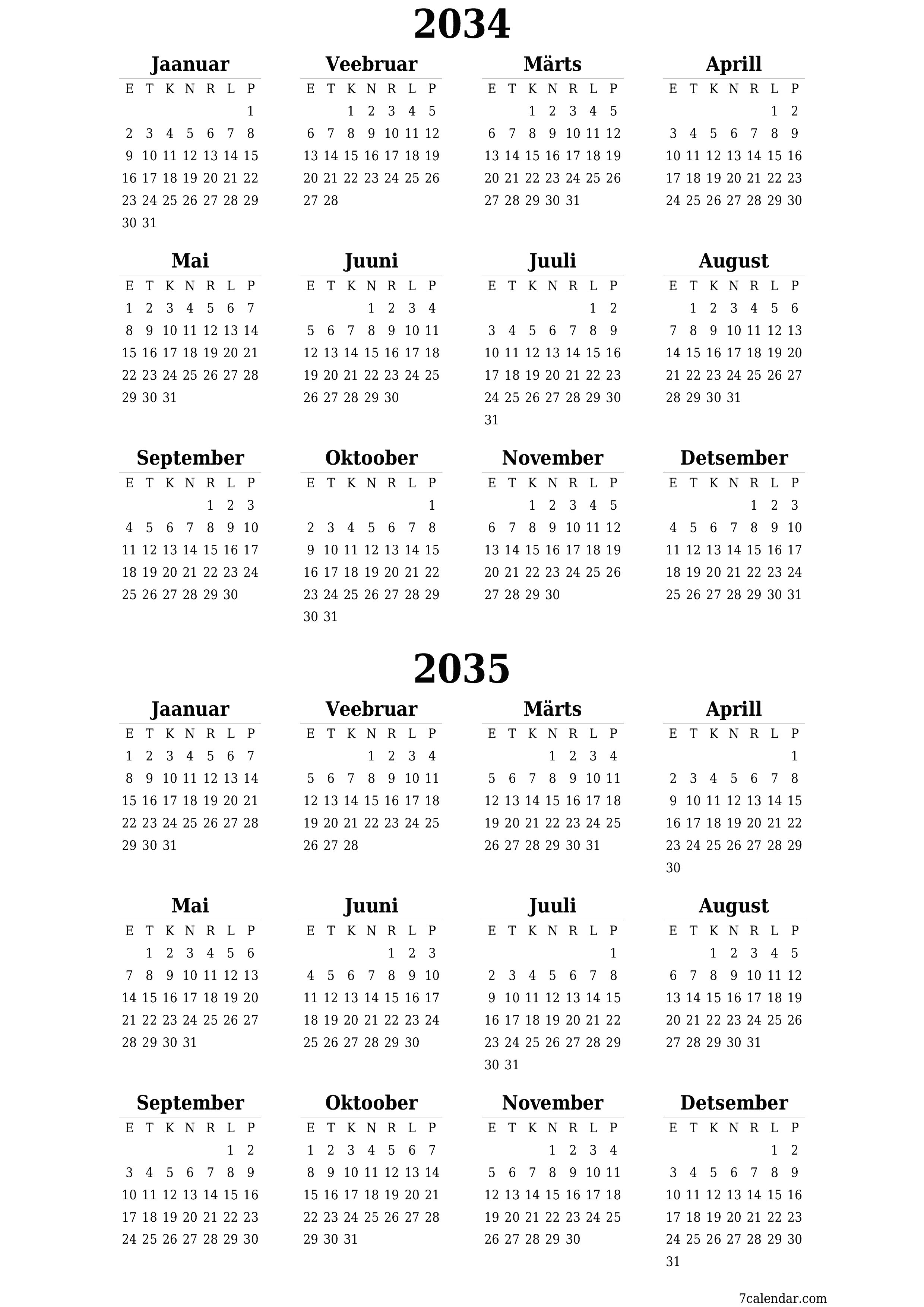 Tühi aasta planeerija kalender aastaks 2034, 2035 koos märkmetega, salvestage ja printige PDF-i PNG Estonian