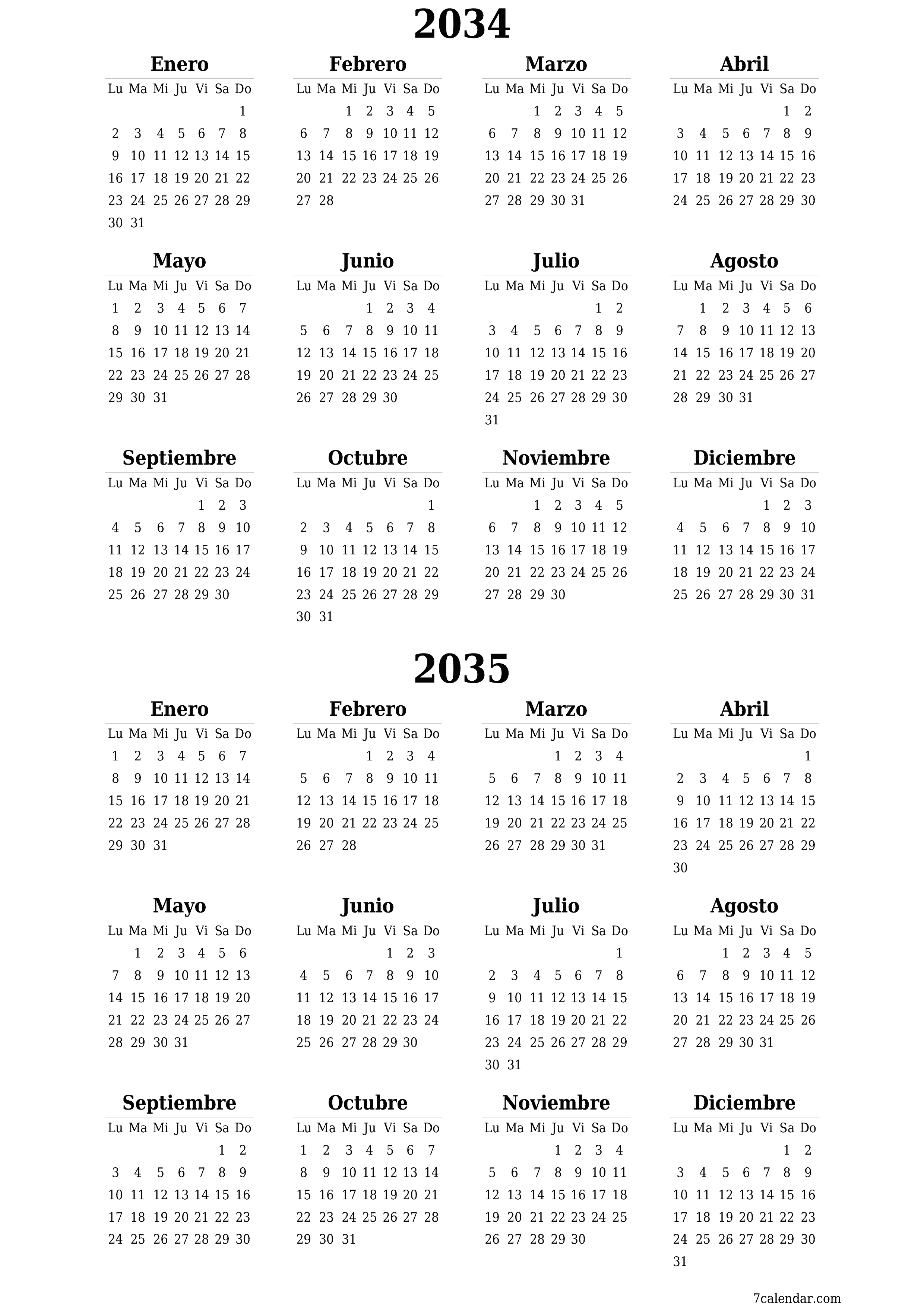 Calendario planificador anual vacío para el año 2034, 2035 con notas, guardar e imprimir en PDF PNG Spanish