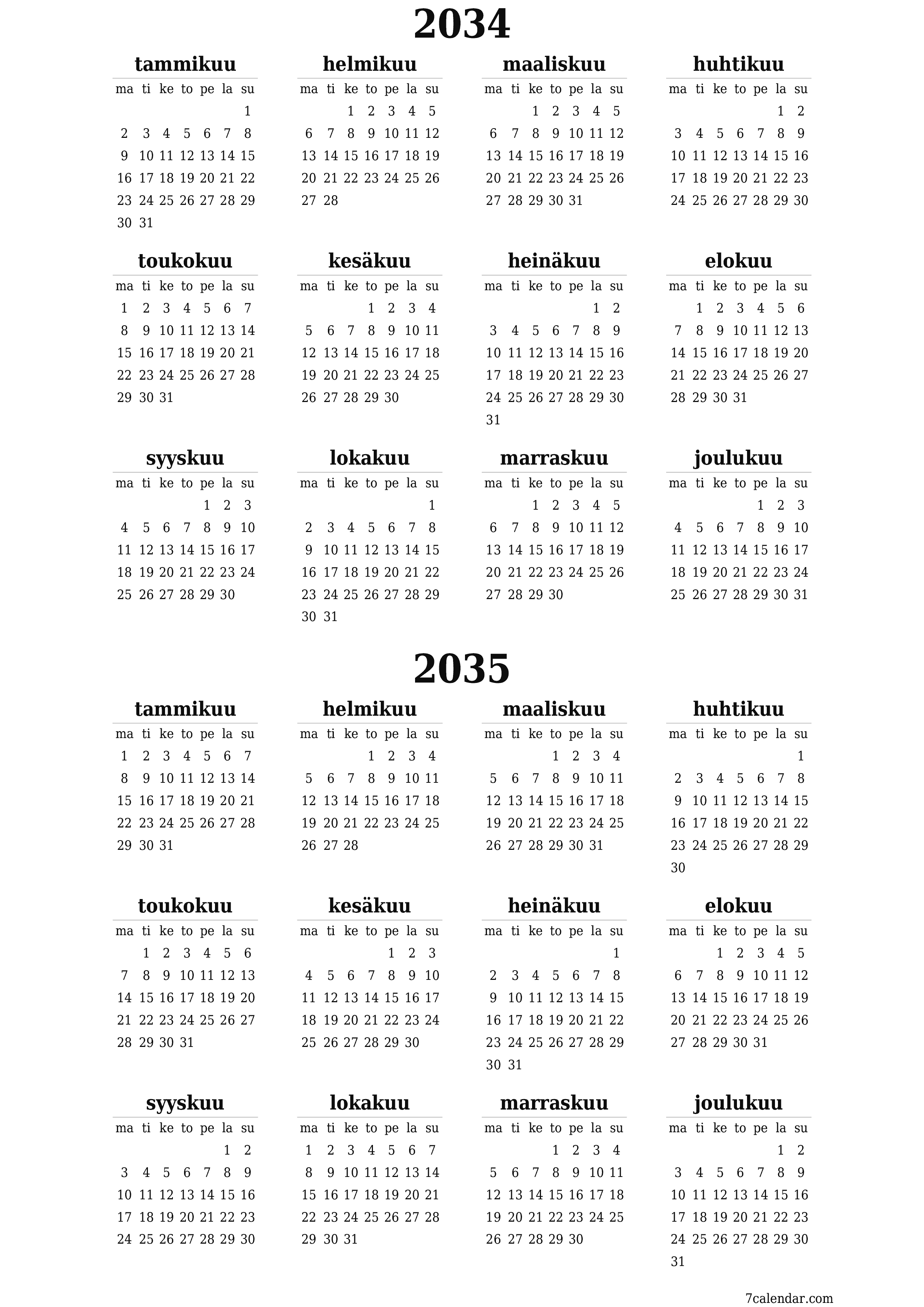 tulostettava seinä n malli ilmainen pystysuora Vuosittain kalenteri Kesäkuu (Kesä) 2034