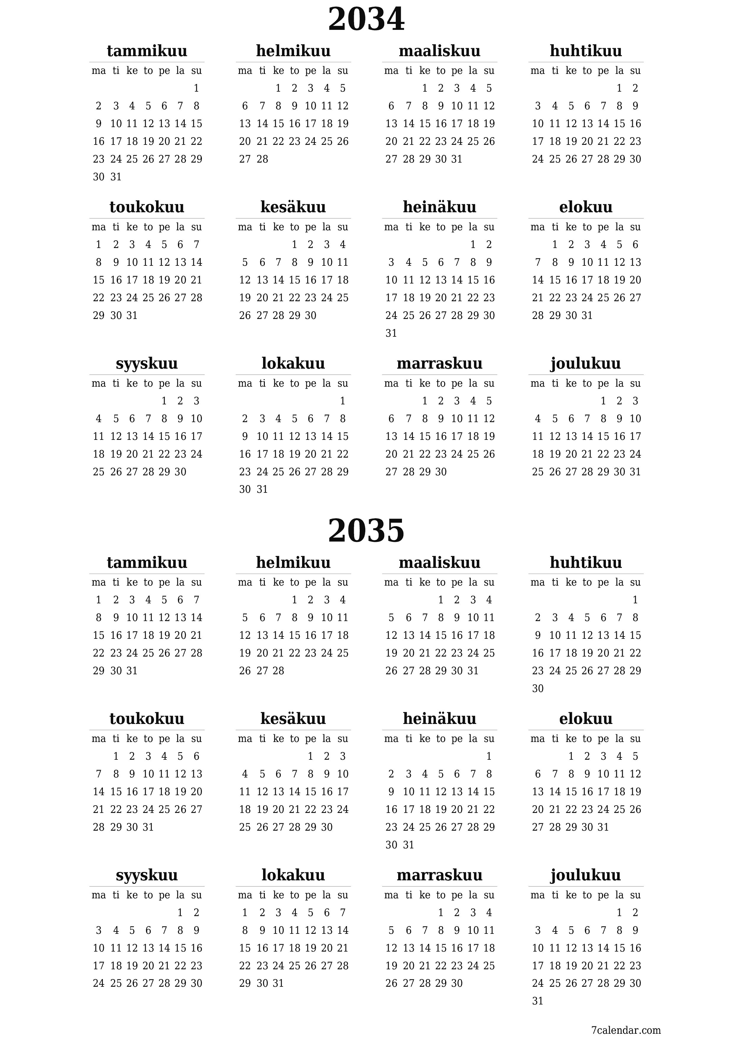 Tyhjä vuosisuunnittelukalenteri vuodelle 2034, 2035 muistiinpanoilla, tallenna ja tulosta PDF-muotoon PNG Finnish