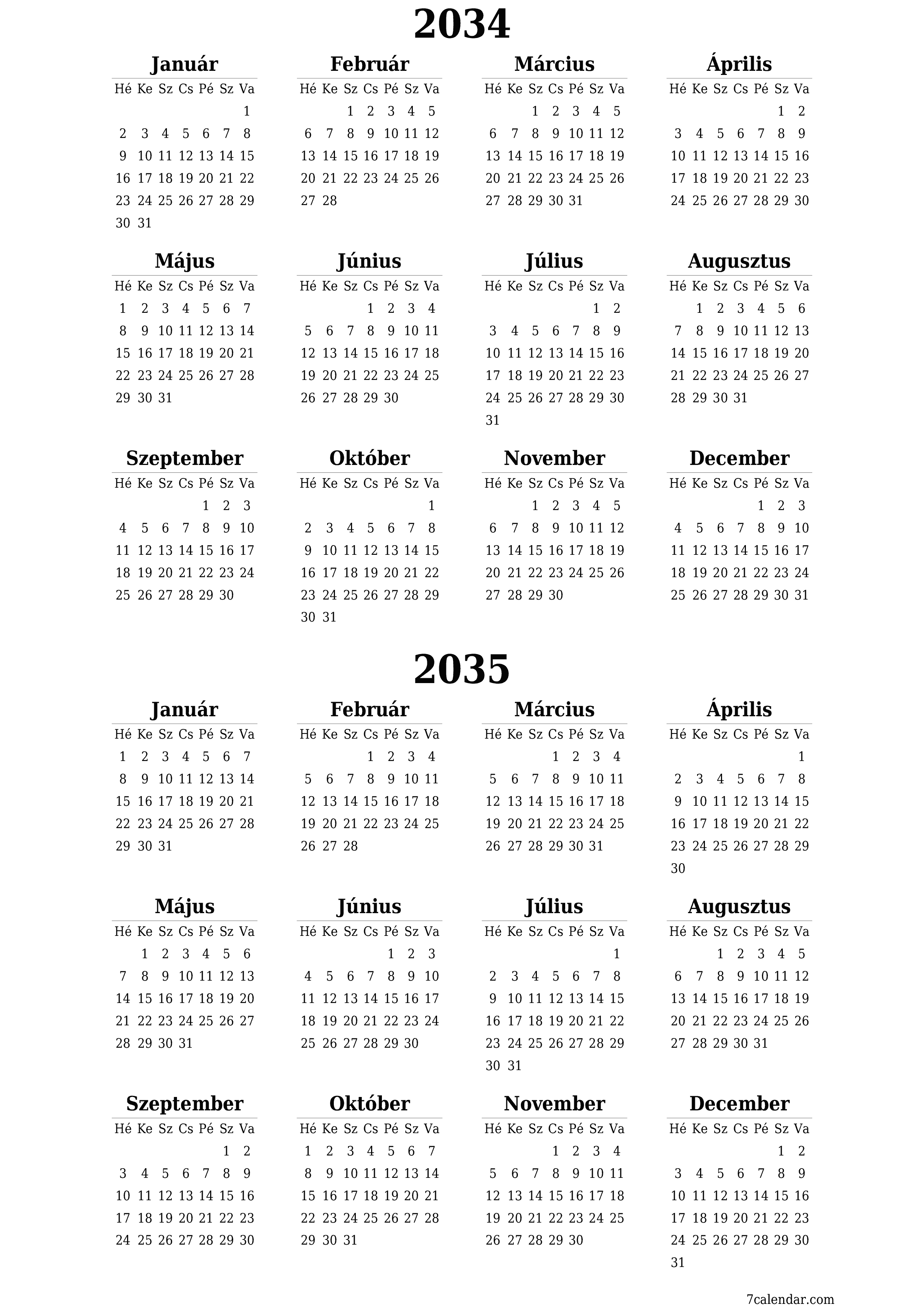 nyomtatható fali sablon ingyenes függőleges Éves naptár Június (Jún) 2034