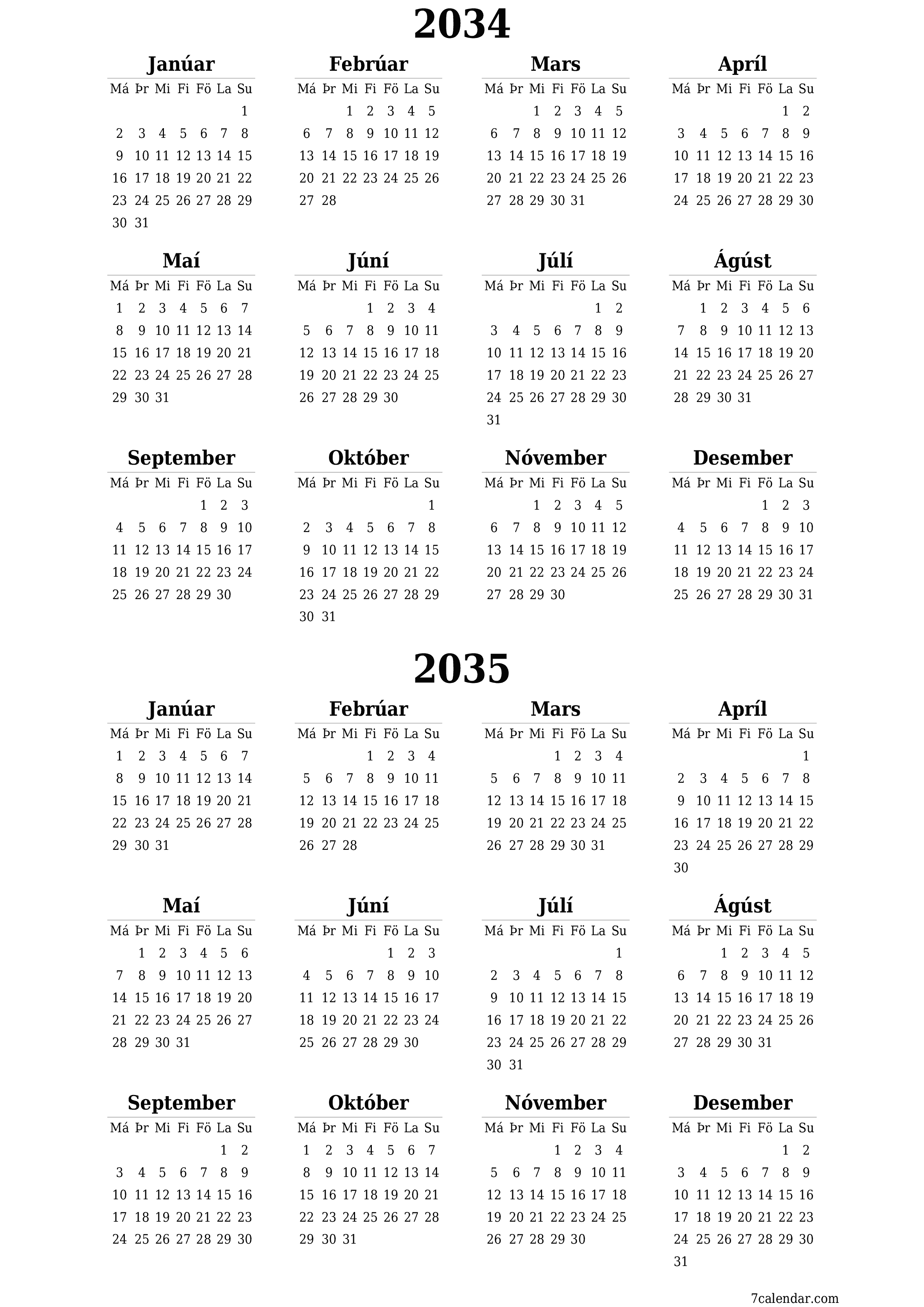 Tómt árlegt dagatal skipuleggjanda fyrir árið 2034, 2035 með athugasemdum, vista og prenta á PDF PNG Icelandic