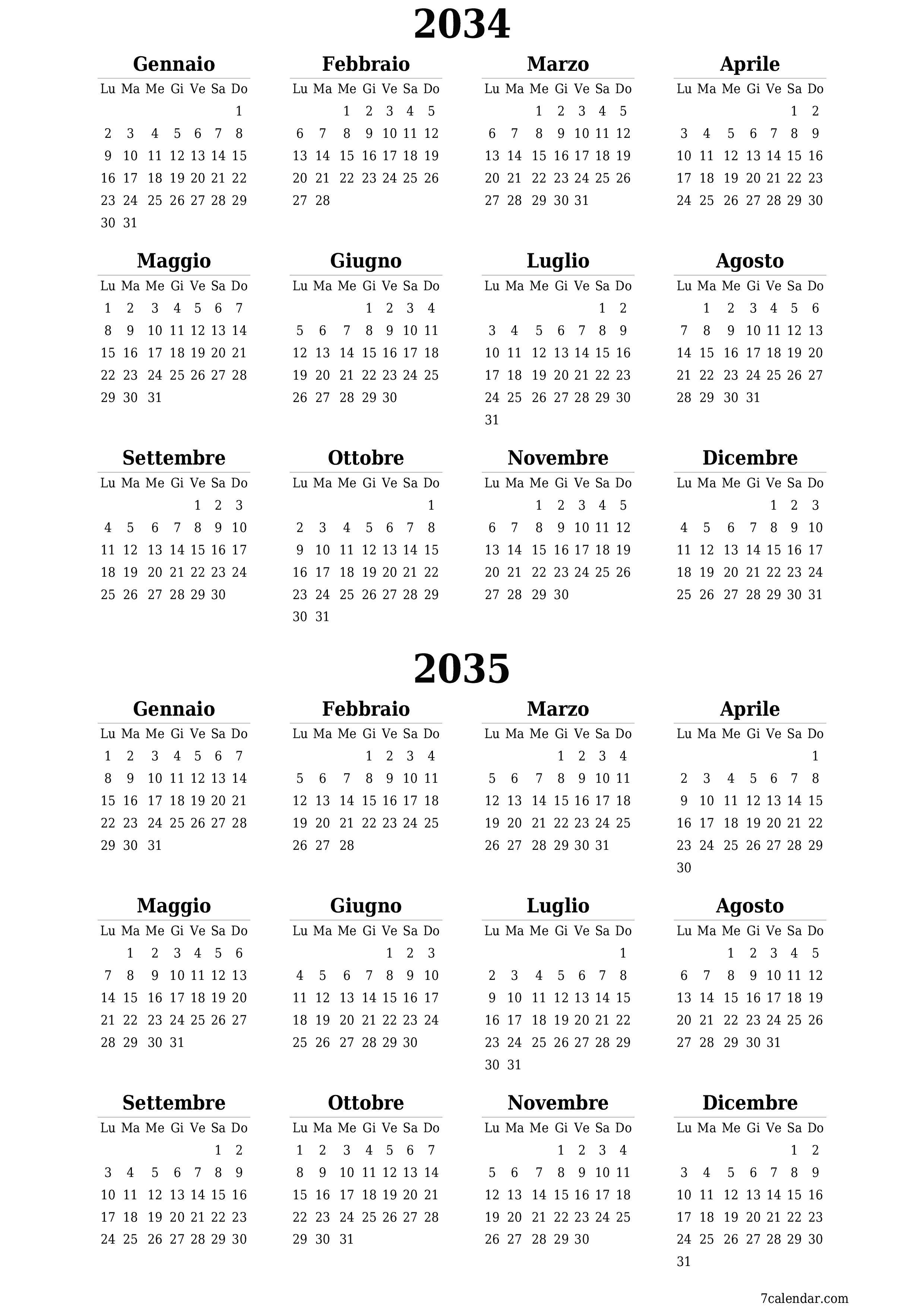 Calendario pianificatore annuale vuoto per l'anno 2034, 2035 con note, salva e stampa in PDF PNG Italian