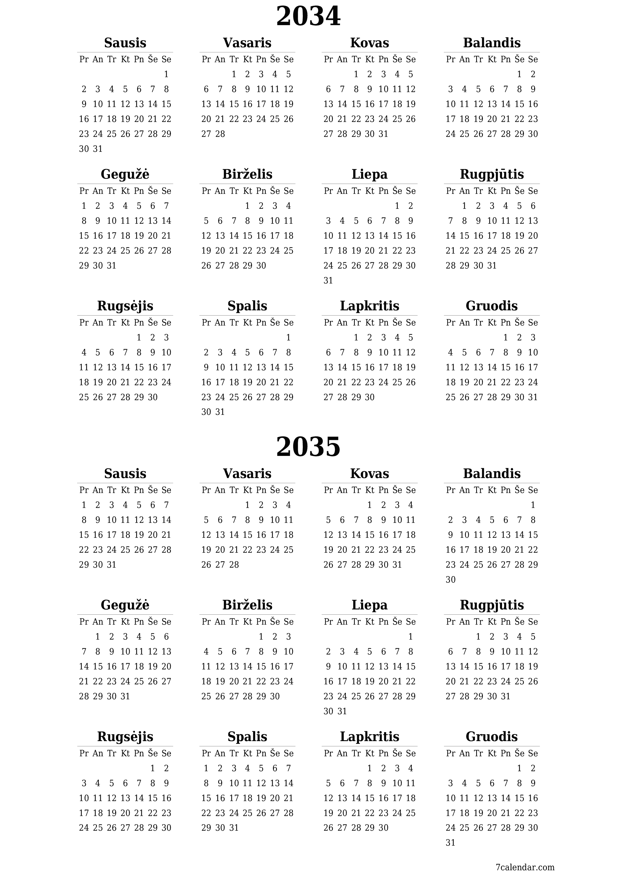 spausdinamas sieninis kalendoriaus šabloną nemokamas vertikaliai Kasmet kalendorius Birželis (Bir) 2034