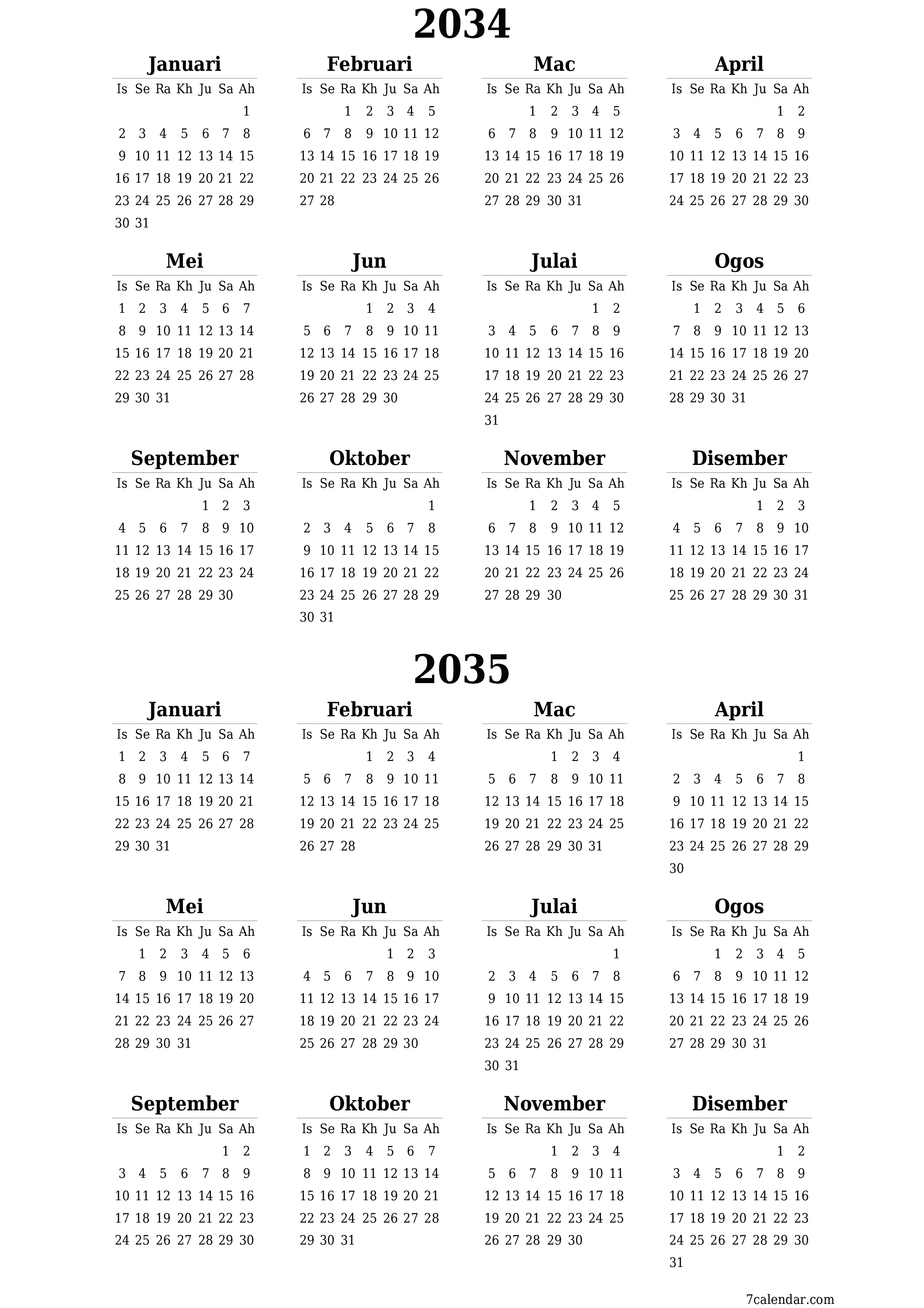 Kalendar perancang tahunan kosong untuk tahun ini 2034, 2035 dengan nota, simpan dan cetak ke PDF PNG Malay