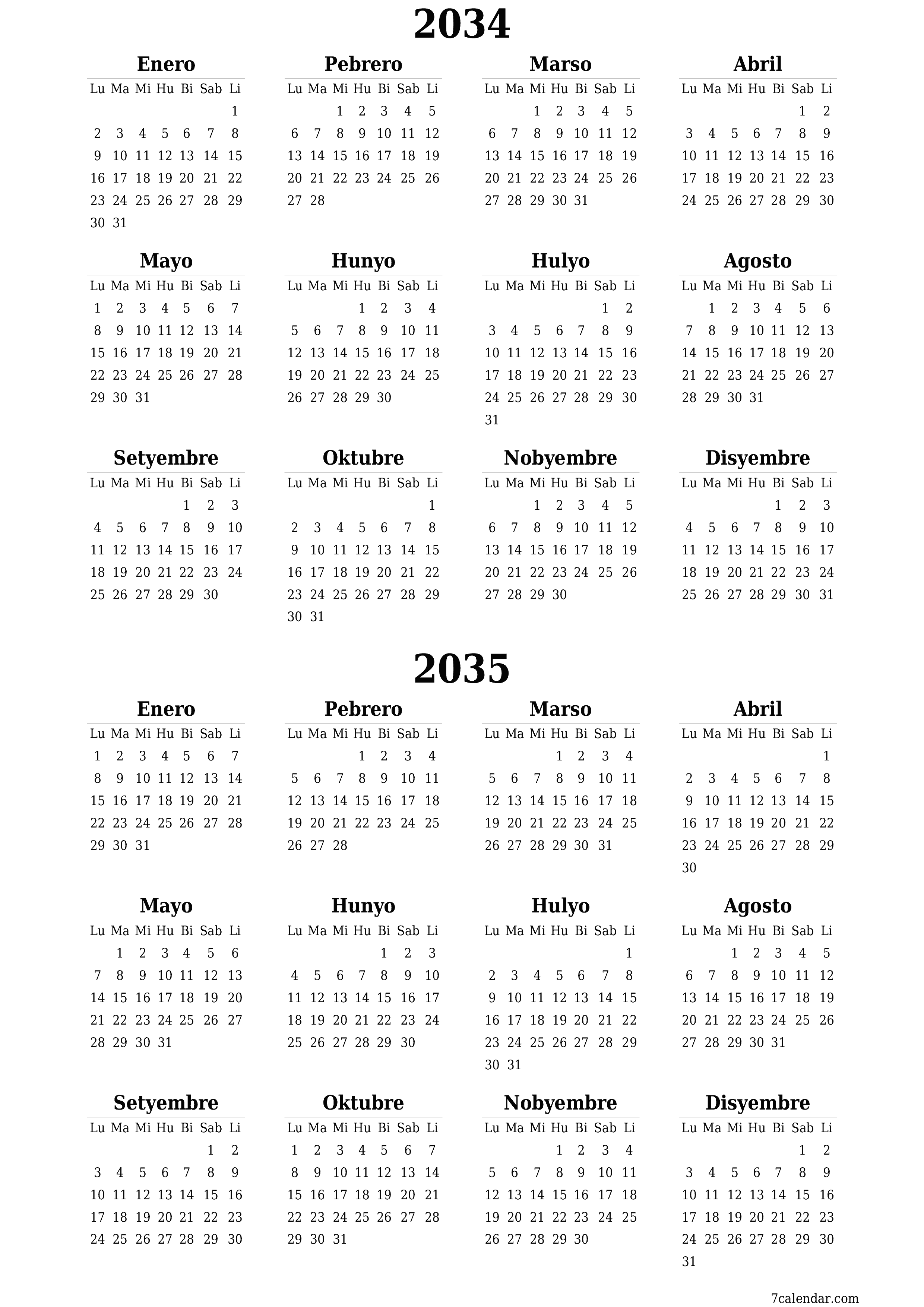 napi-print na sa dingding template ng libreng patayo Taunan kalendaryo Hunyo (Hun) 2034