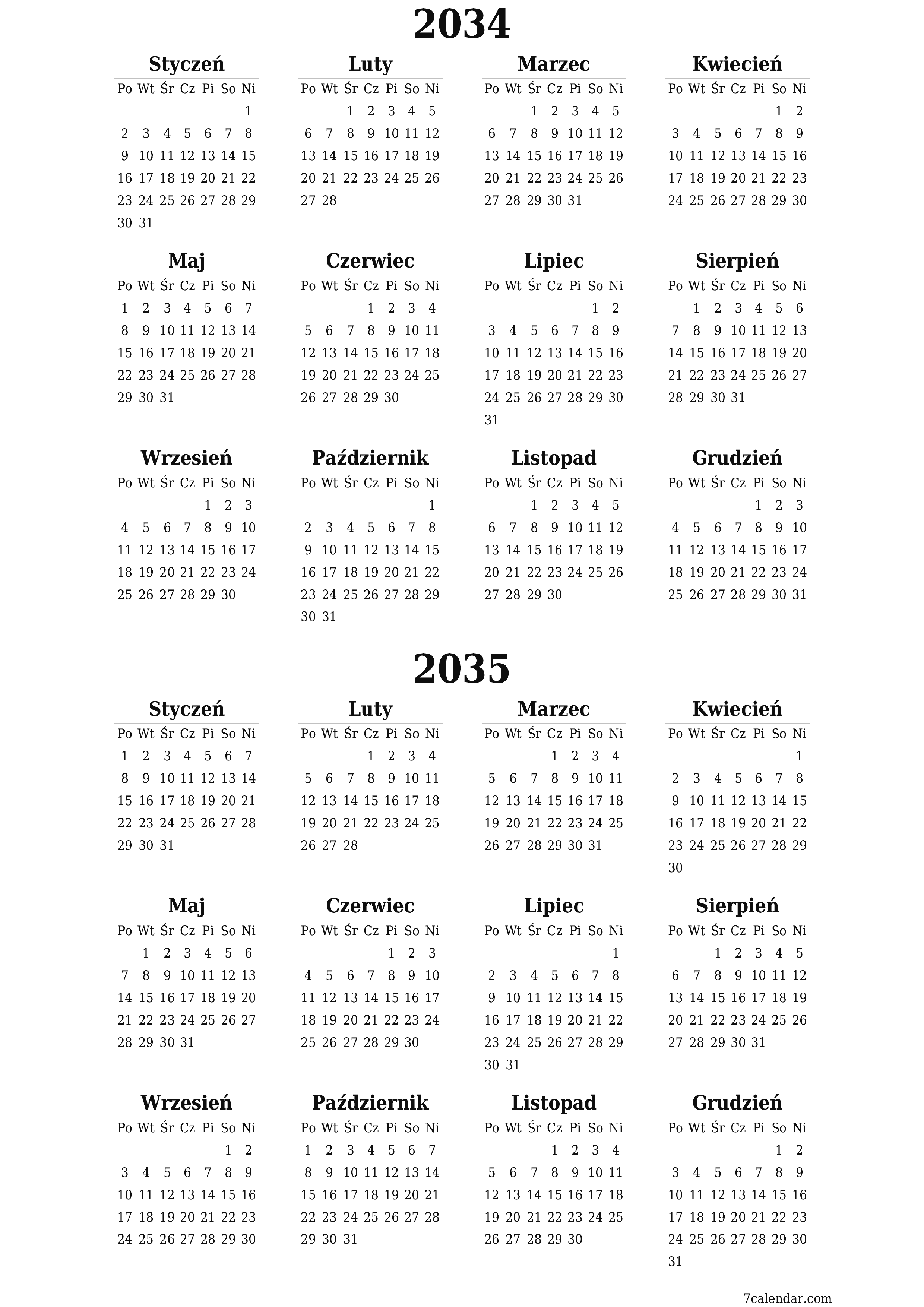  do druku ścienny szablon a darmowy pionowy Roczny kalendarz Czerwiec (Cze) 2034