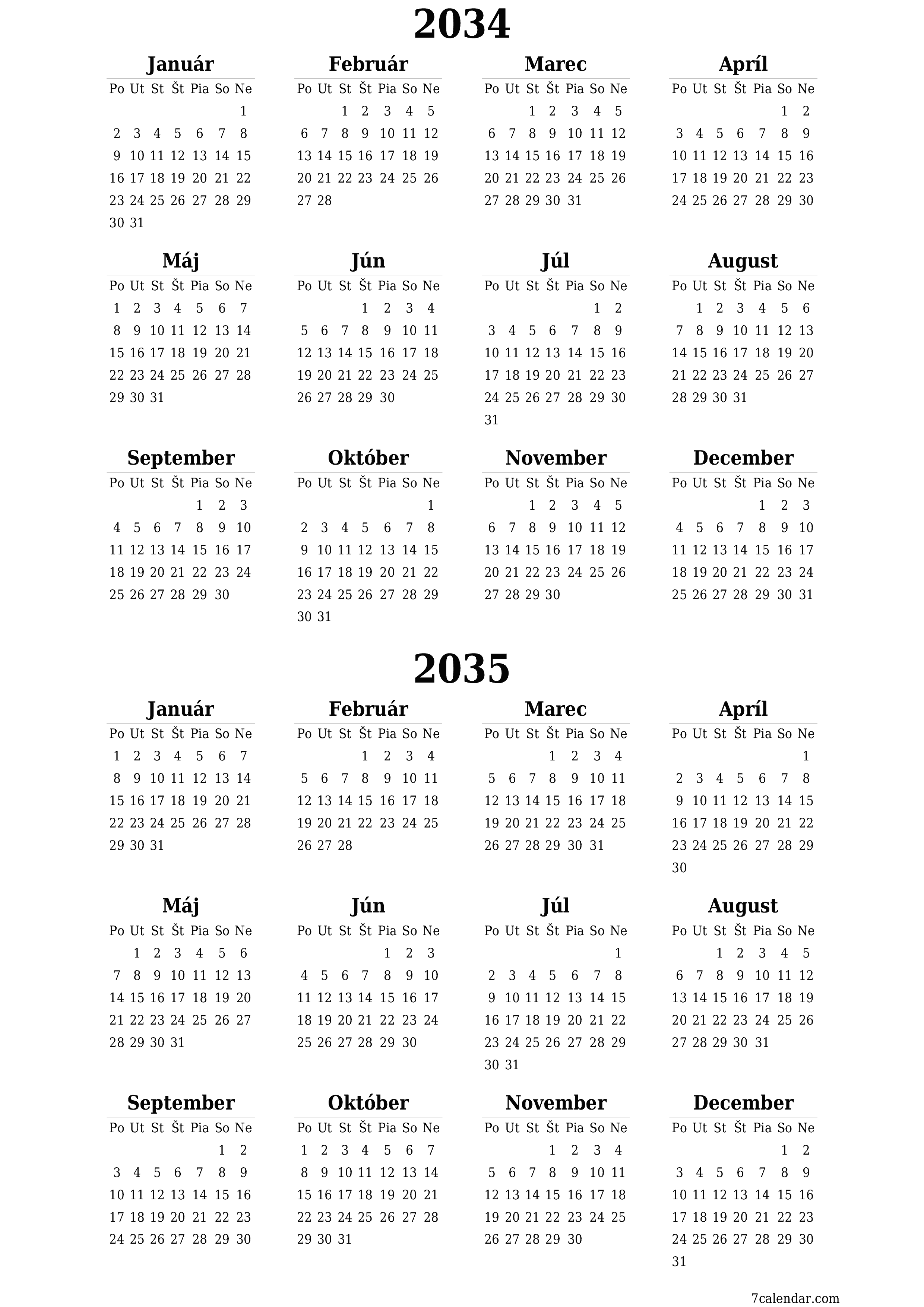 vytlačiteľný nástenný šablóna a bezplatný вертикальный Ročne kalendár Jún (Jún) 2034