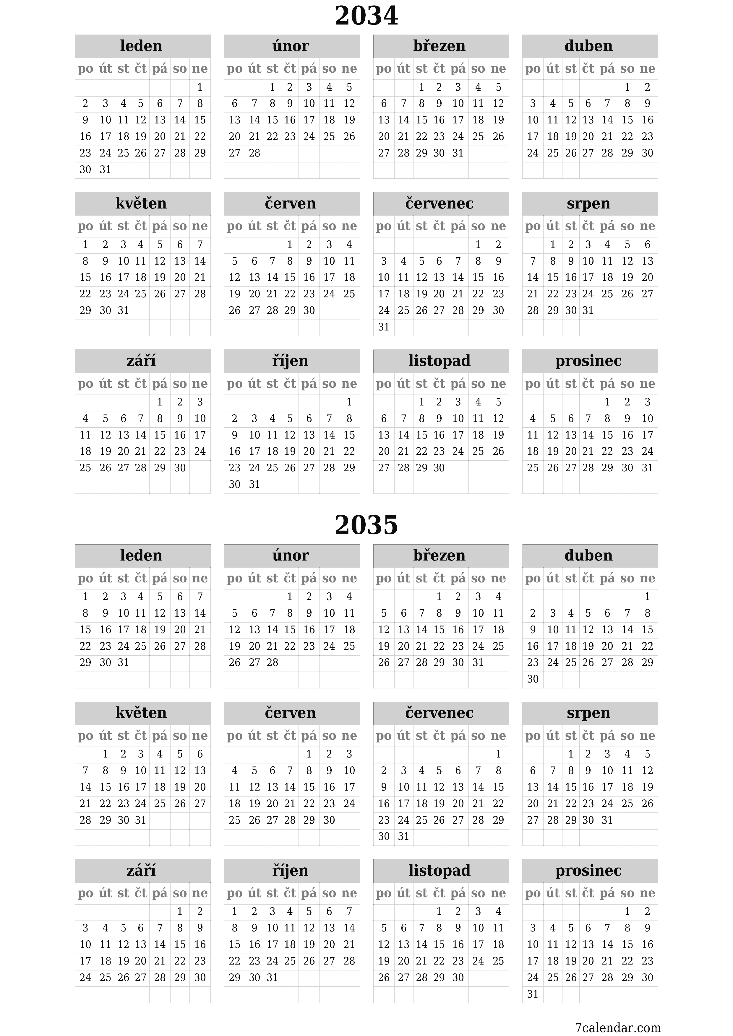  pro tisk nástěnný šablona e zdarmavertikální Roční kalendář červen (čvn) 2034