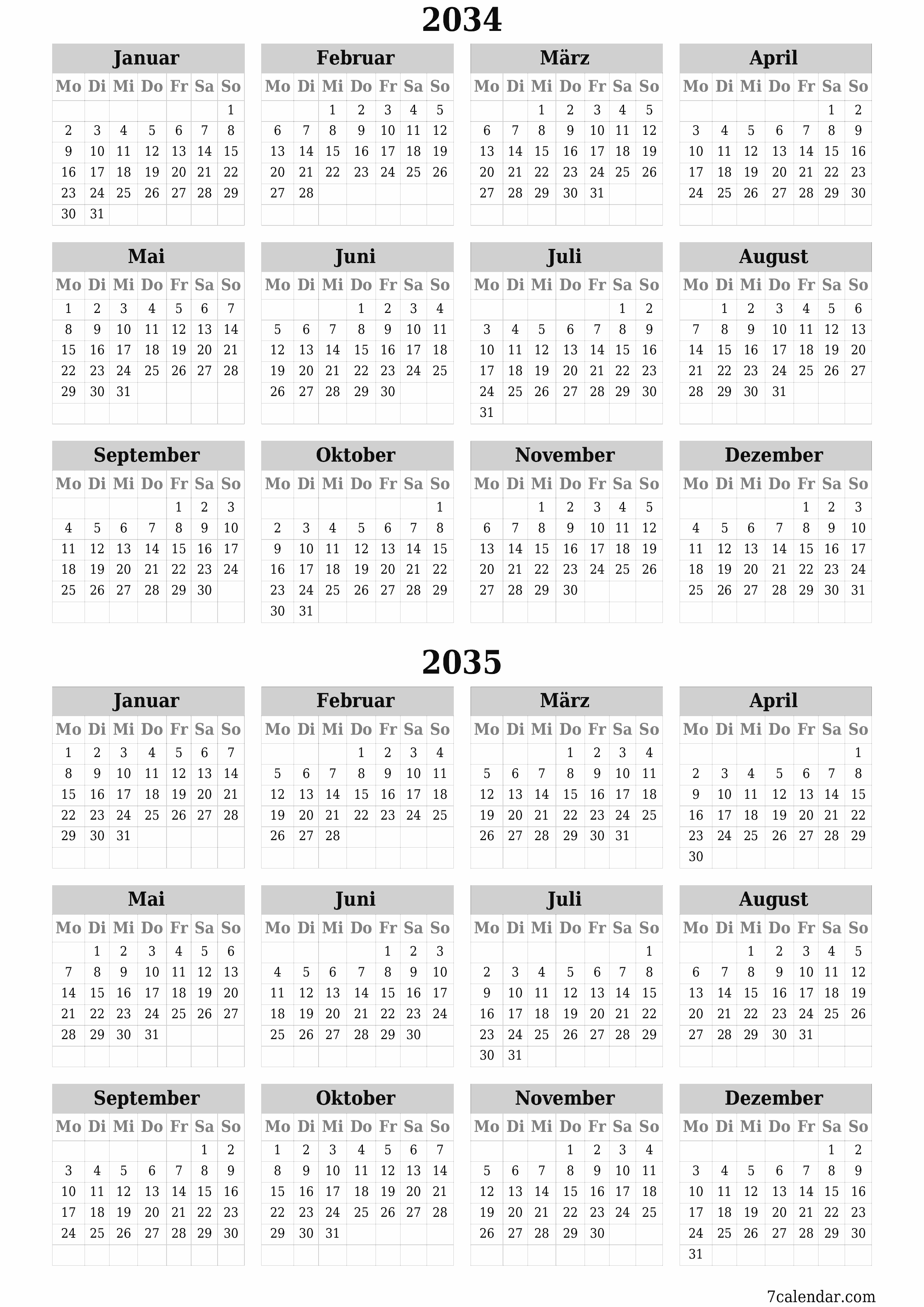 Jahresplanerkalender für das Jahr 2034, 2035 mit Notizen leeren, speichern und als PDF PNG German - 7calendar.com drucken