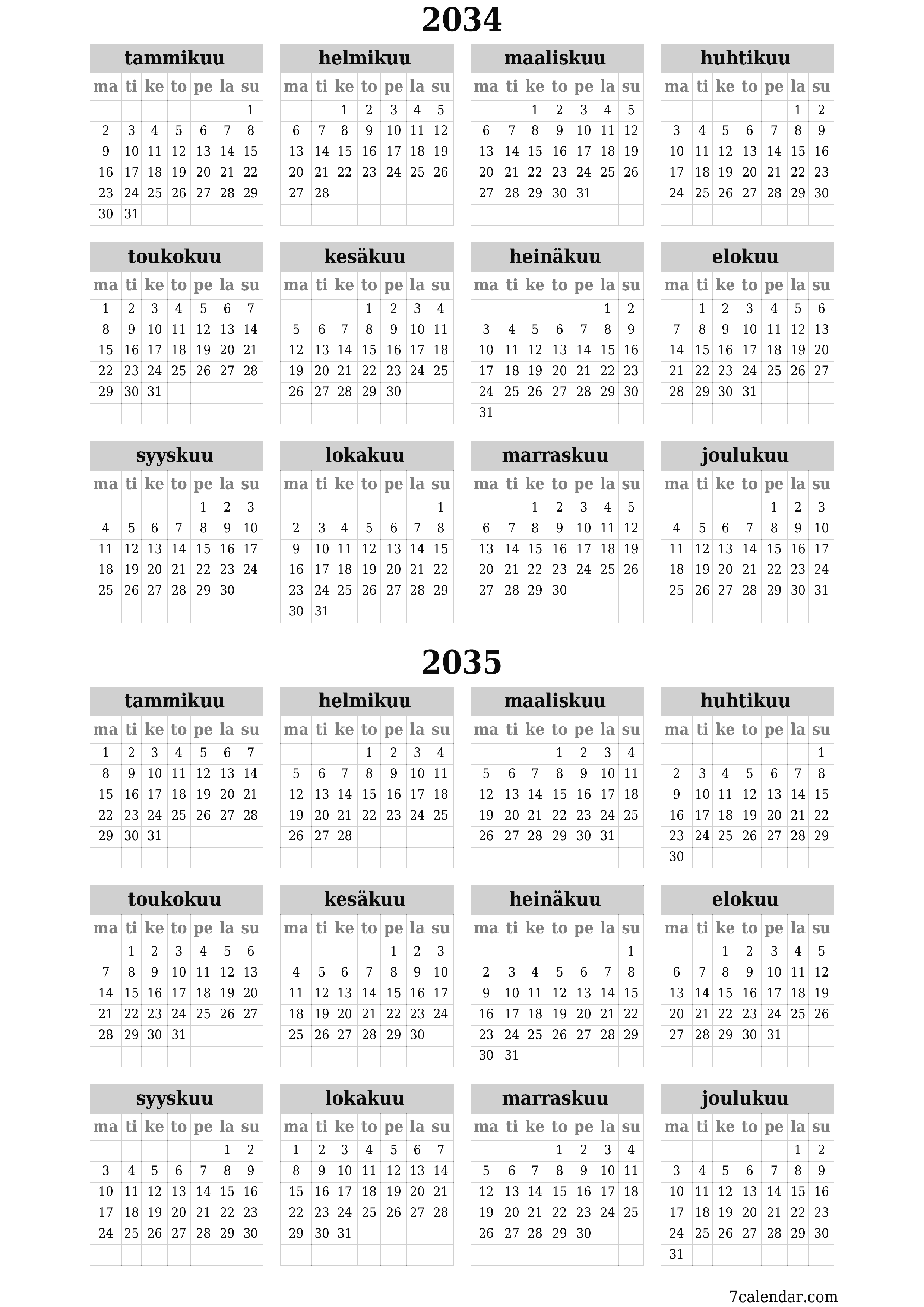 tulostettava seinä n malli ilmainen pystysuora Vuosittain kalenteri Kesäkuu (Kesä) 2034