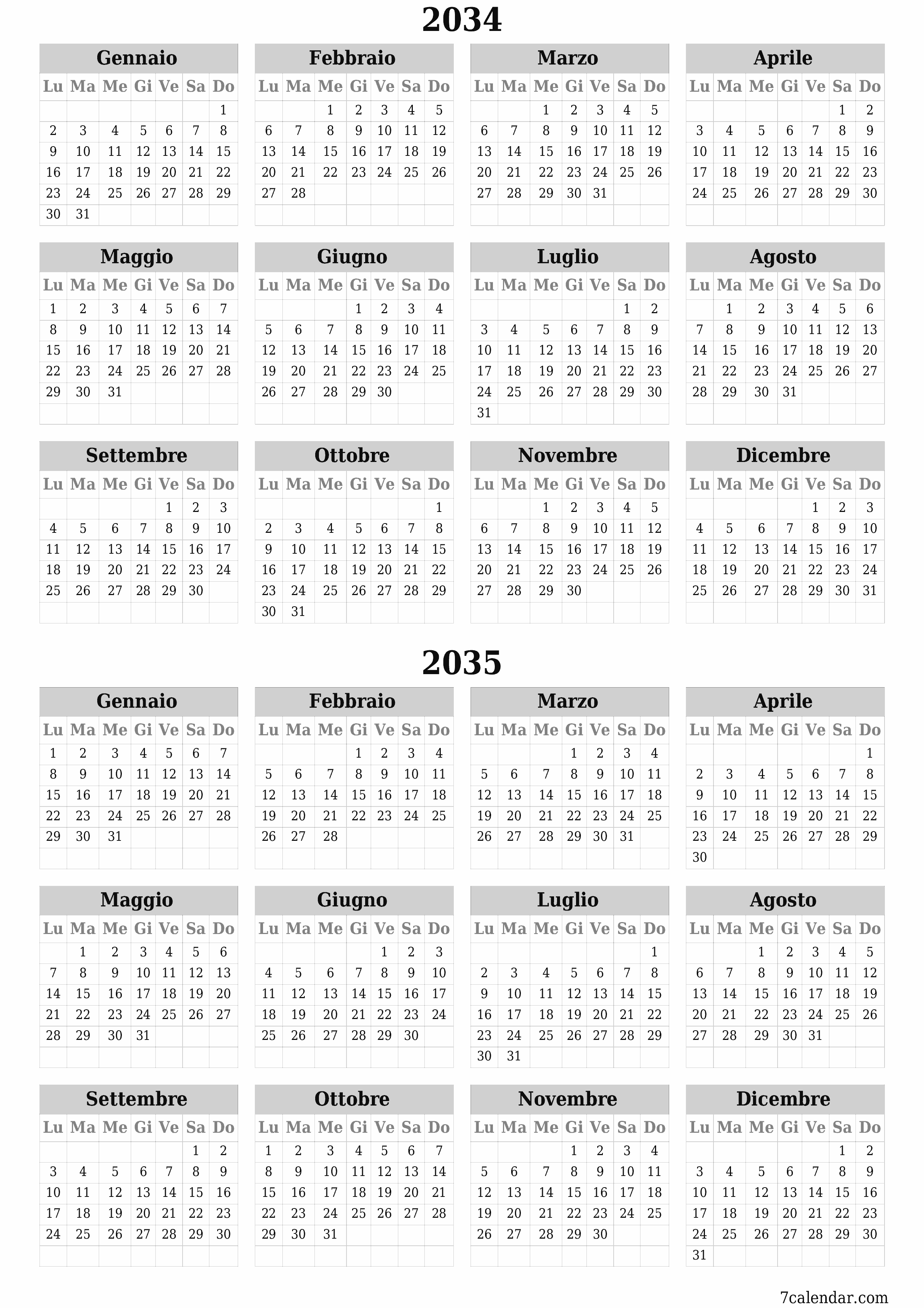 Calendario pianificatore annuale vuoto per l'anno 2034, 2035 con note, salva e stampa in PDF PNG Italian