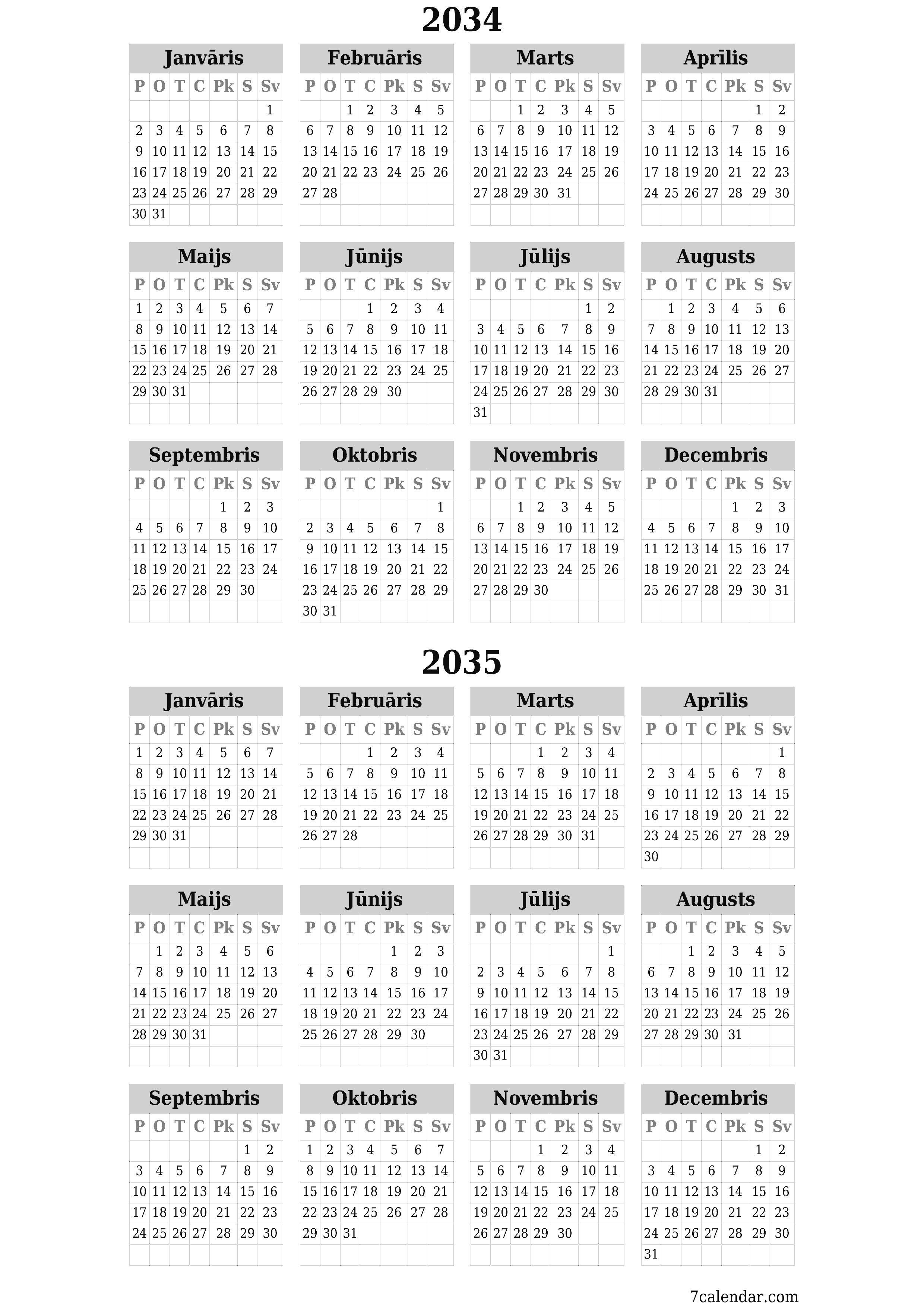 izdrukājams sienas kalendāra veidne bezmaksas vertikāli Gada kalendārs Jūnijs (Jūn) 2034