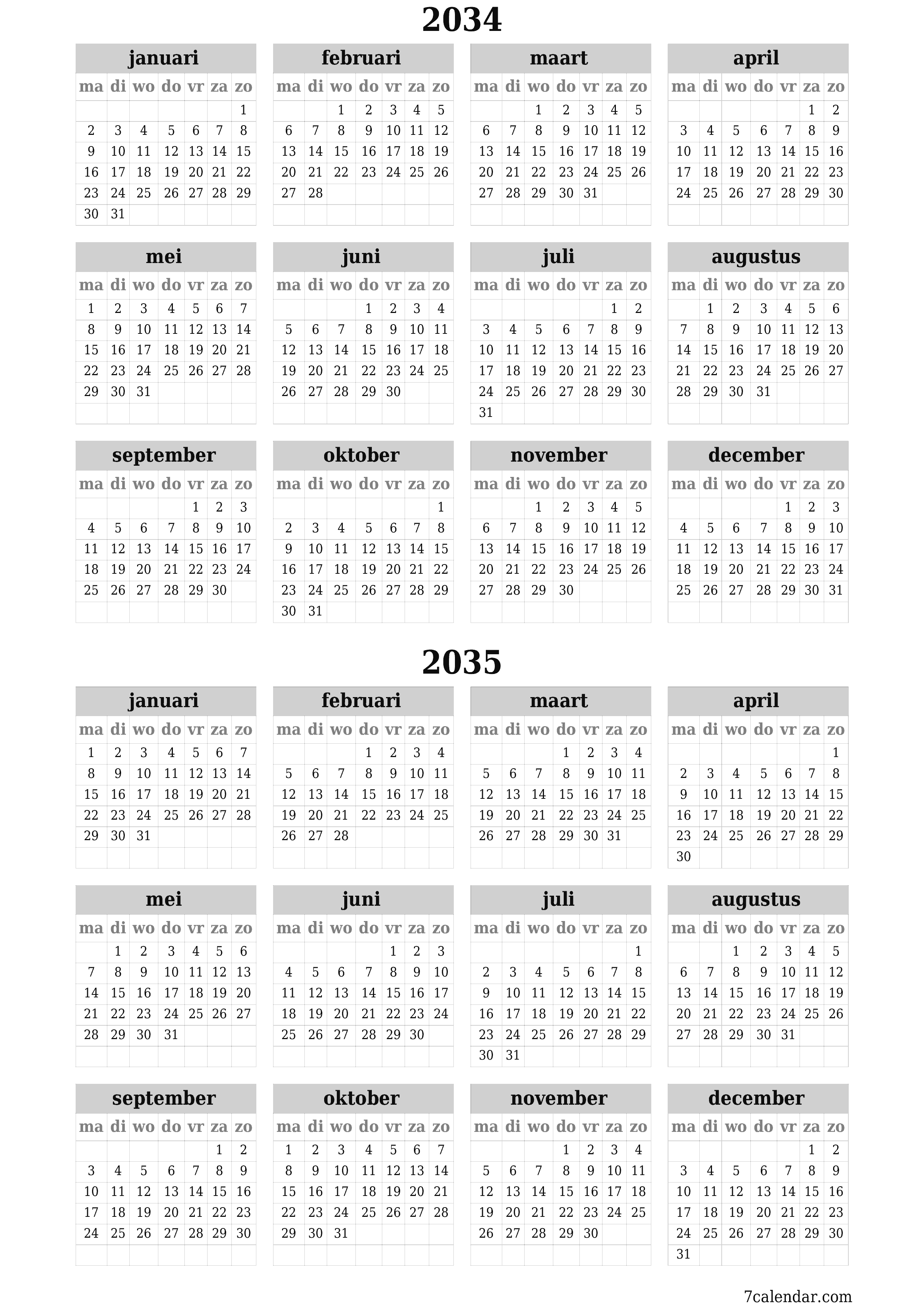 Lege jaarplanningskalender voor het jaar 2034, 2035 met notities, opslaan en afdrukken naar pdf PNG Dutch