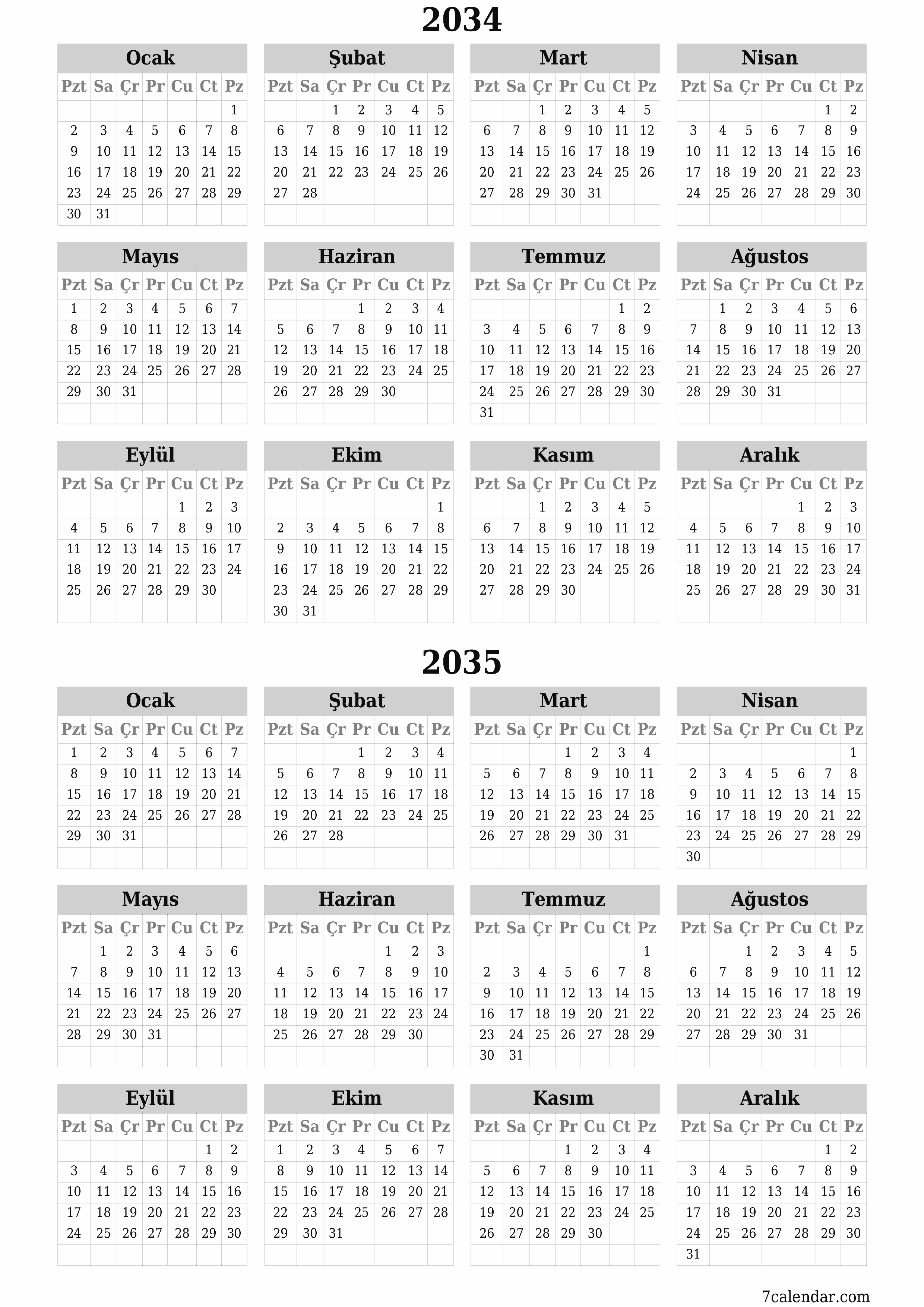 yazdırılabilir duvar i şablonu ücretsiz dikey Yıllık takvim Haziran (Haz) 2034