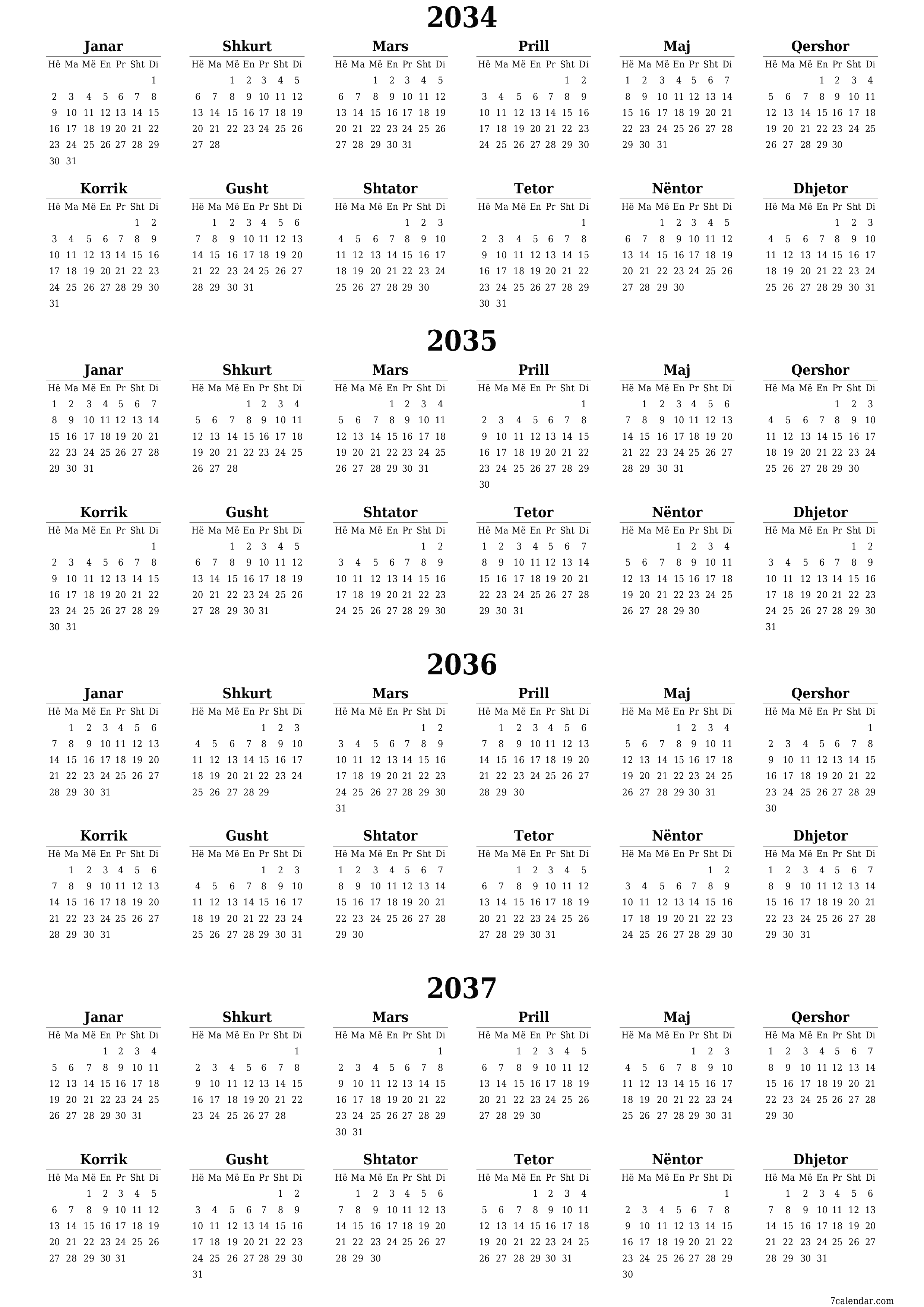 Planifikuesi bosh i kalendarit vjetor për vitin 2034, 2035, 2036, 2037 me shënime, ruani dhe printoni në PDF PNG Albanian