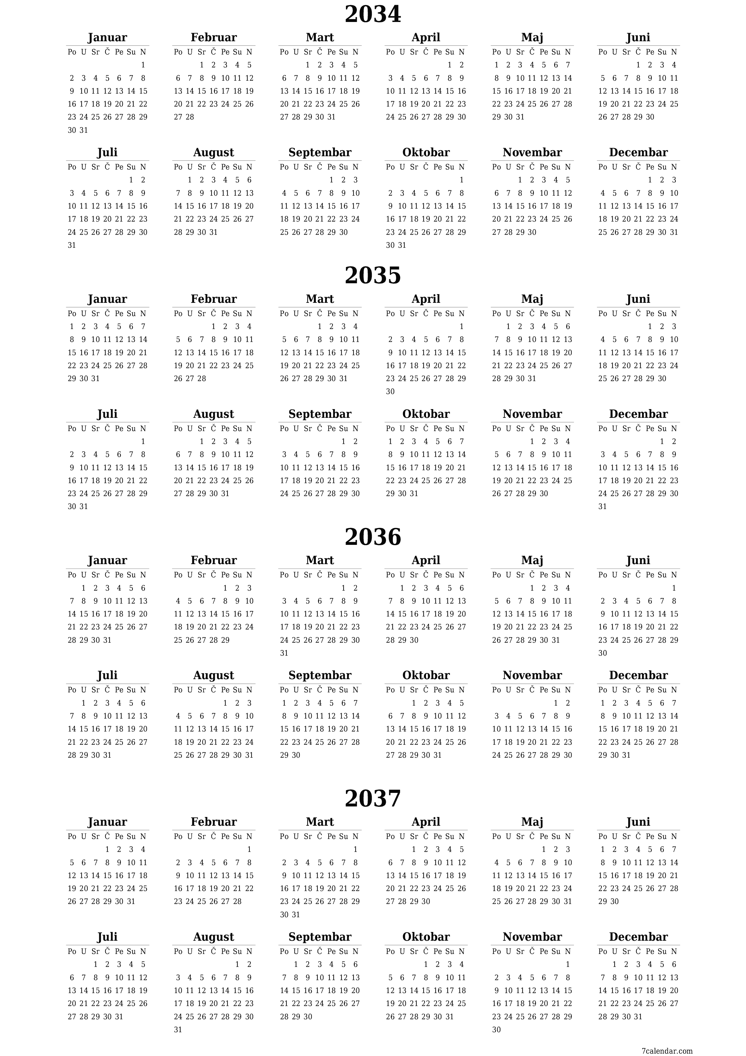 Ispraznite godišnji kalendar planera za godinu 2034, 2035, 2036, 2037 s bilješkama, spremite i ispišite u PDF PNG Bosnian