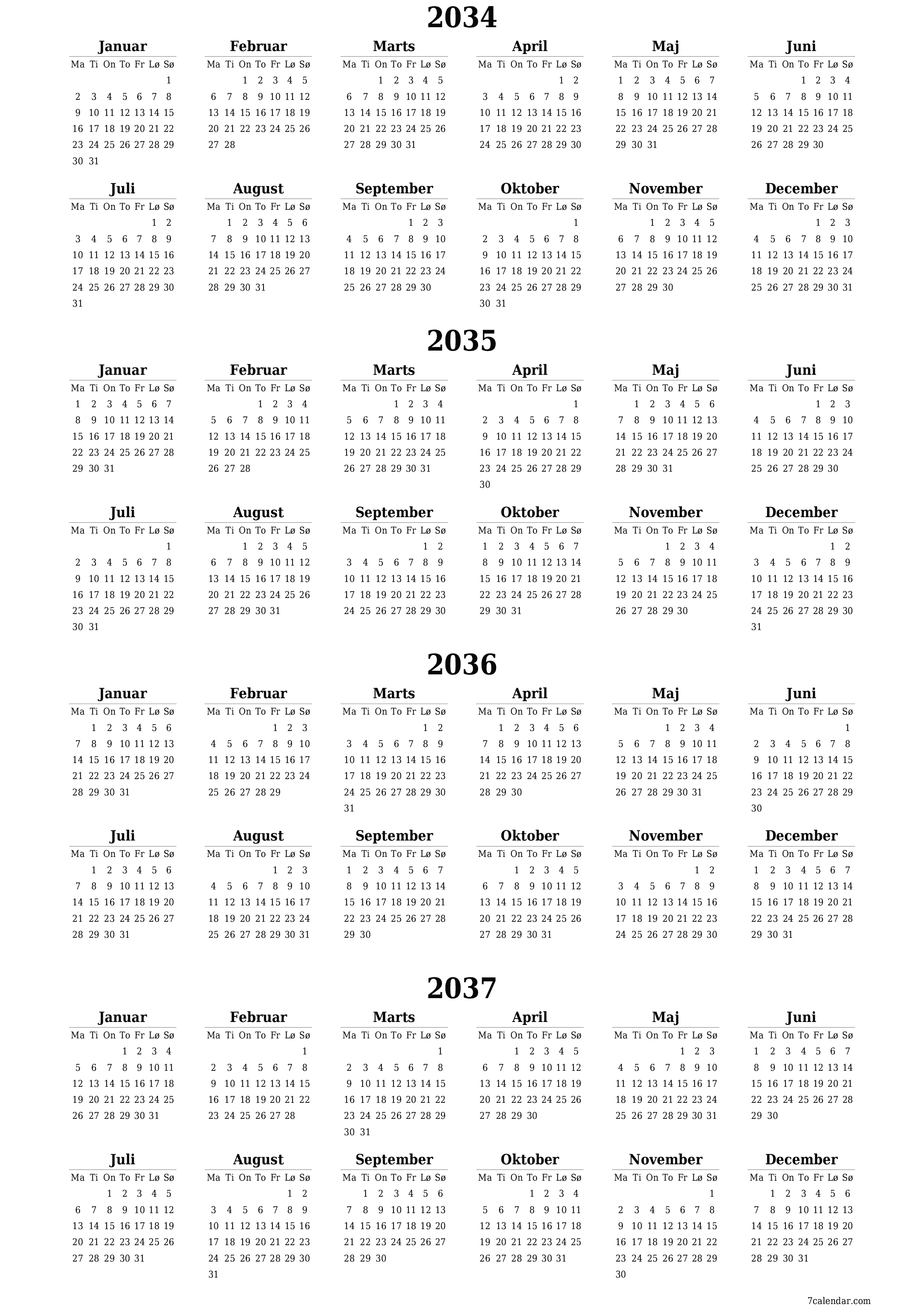 Tom årlig planlægningskalender for året 2034, 2035, 2036, 2037 med noter, gem og udskriv til PDF PNG Danish