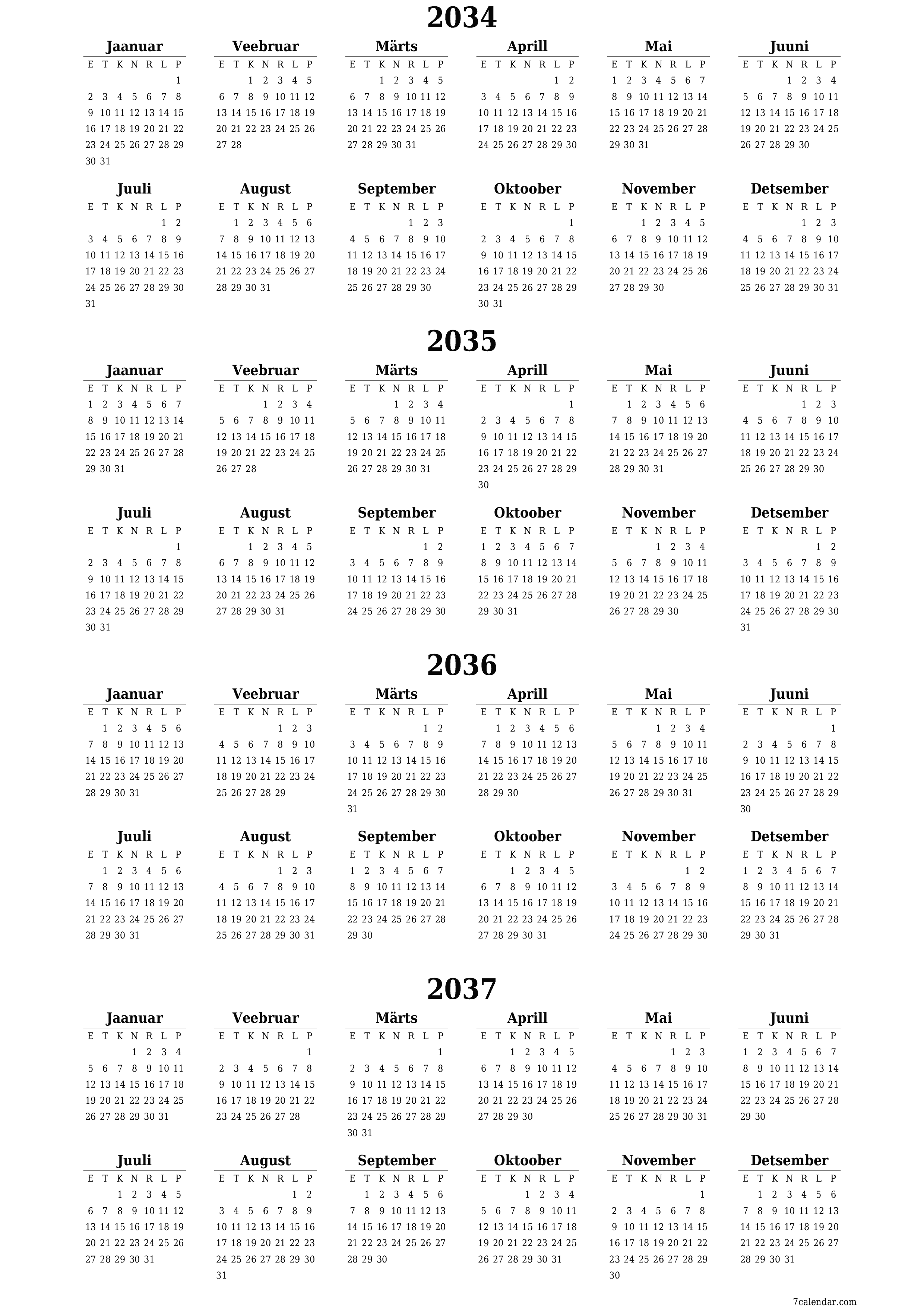 Tühi aasta planeerija kalender aastaks 2034, 2035, 2036, 2037 koos märkmetega, salvestage ja printige PDF-i PNG Estonian