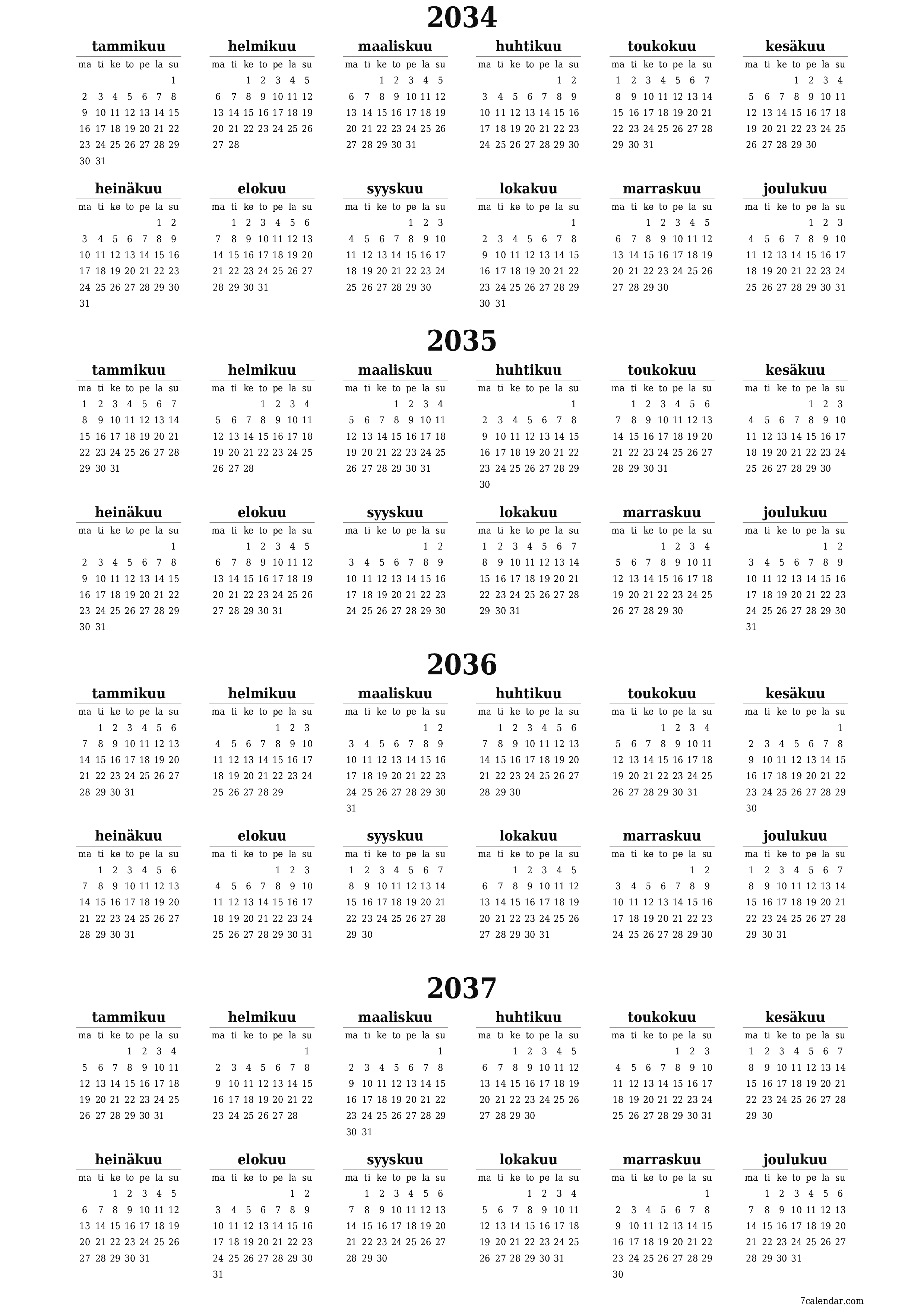 Tyhjä vuosisuunnittelukalenteri vuodelle 2034, 2035, 2036, 2037 muistiinpanoilla, tallenna ja tulosta PDF-muotoon PNG Finnish