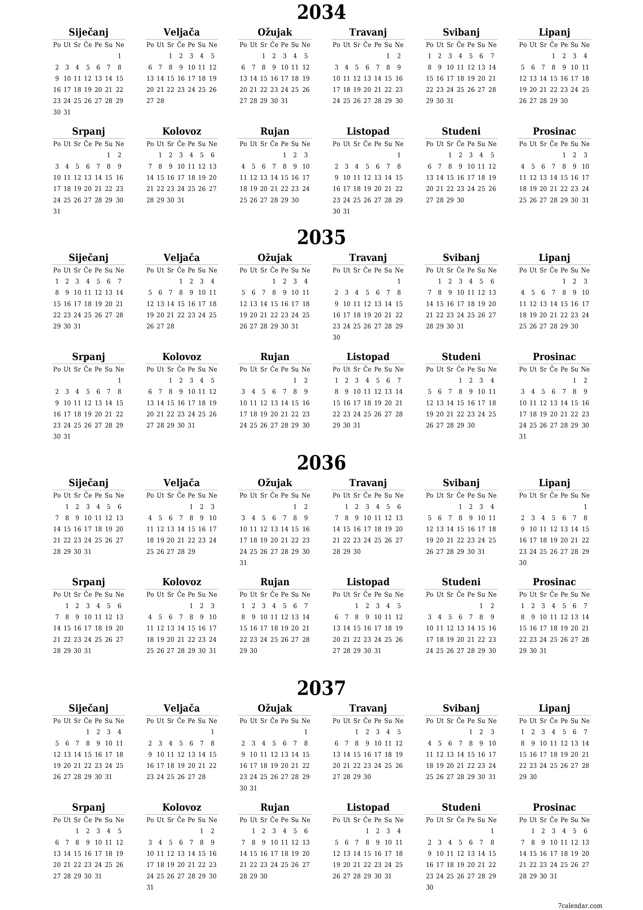 Ispraznite godišnji kalendar planera za godinu 2034, 2035, 2036, 2037 s bilješkama, spremite i ispišite u PDF PNG Croatian