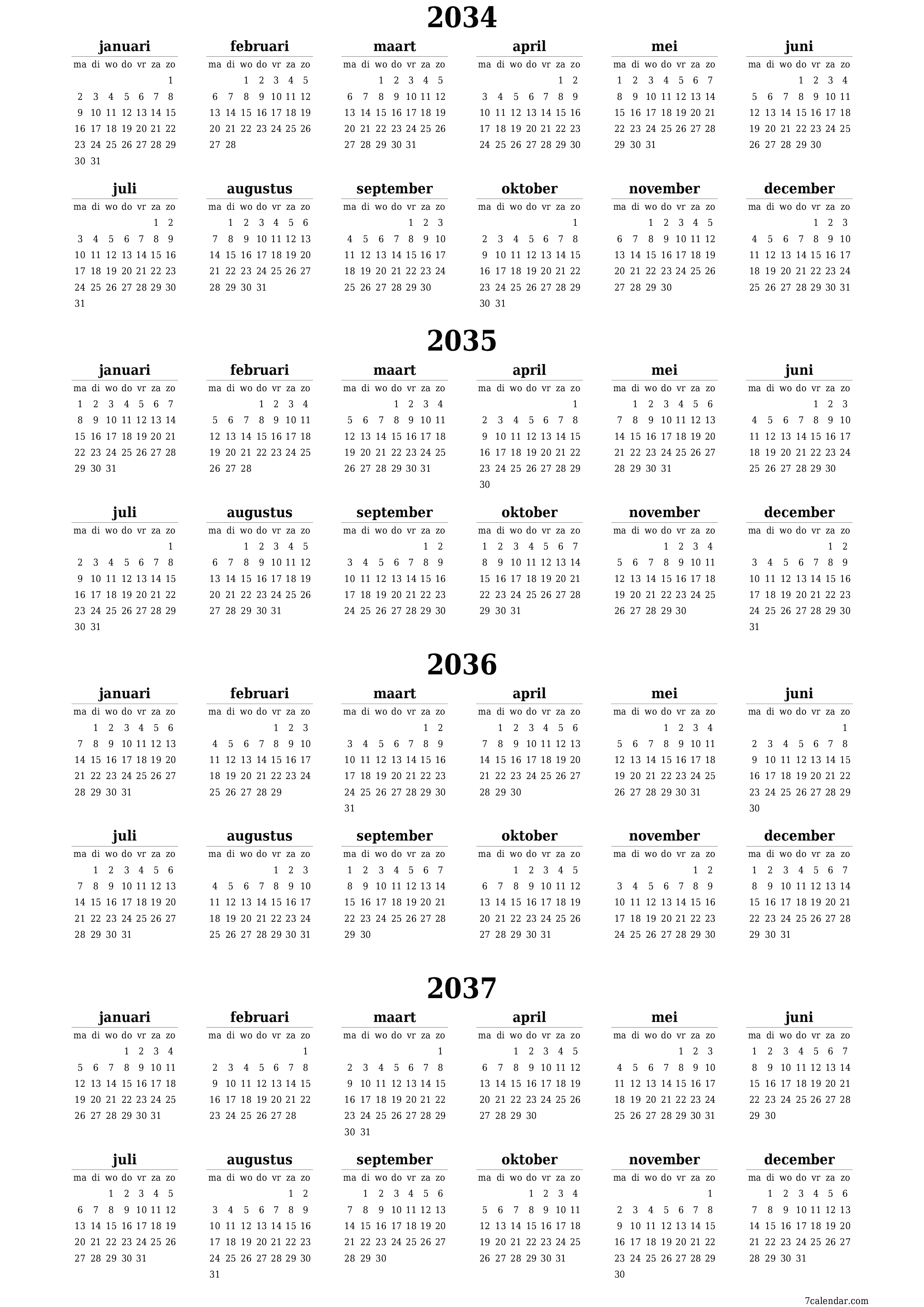 Lege jaarplanningskalender voor het jaar 2034, 2035, 2036, 2037 met notities, opslaan en afdrukken naar pdf PNG Dutch