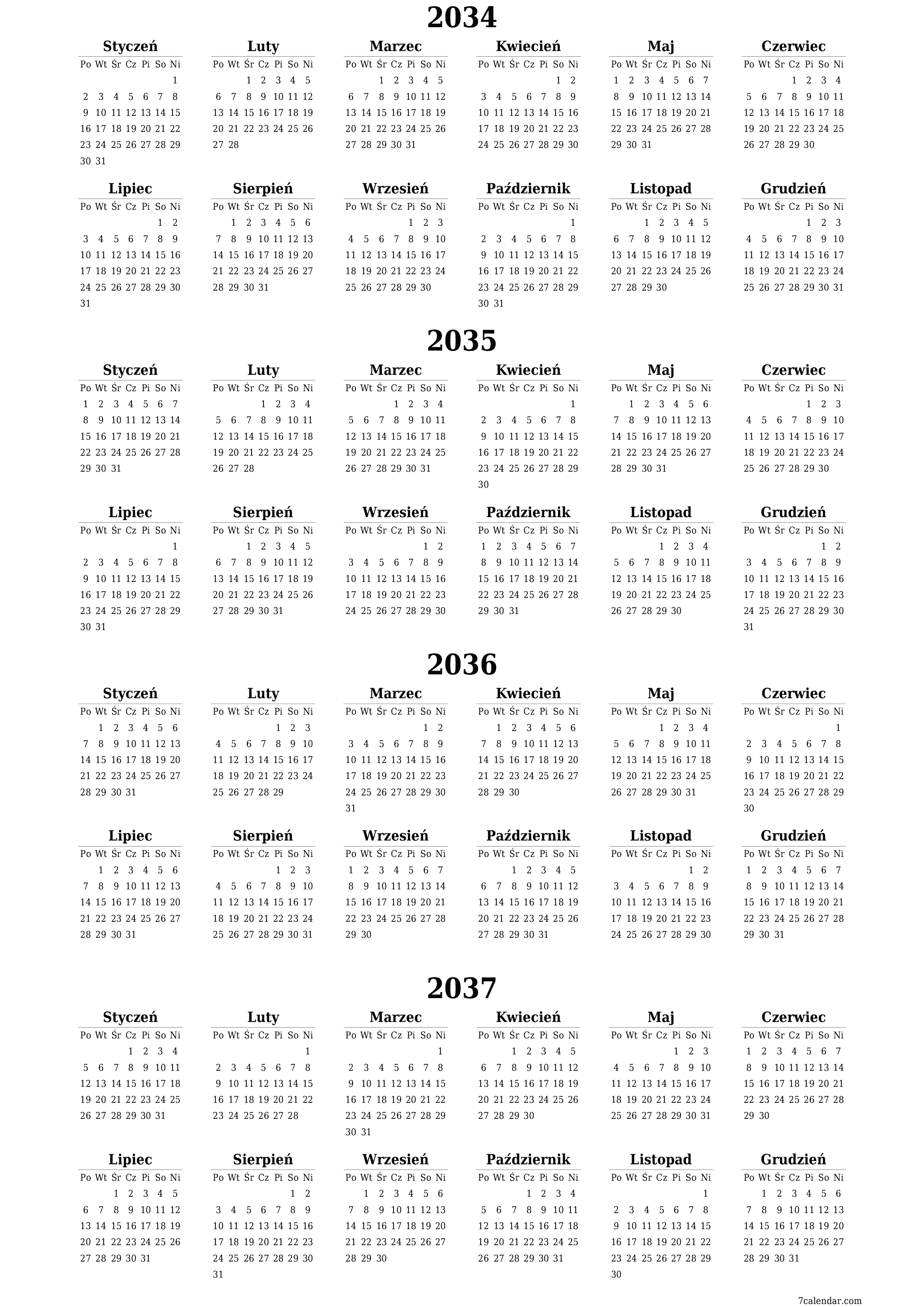 Opróżnij kalendarz rocznego planowania na rok 2034, 2035, 2036, 2037 z notatkami, zapisz i wydrukuj w formacie PDF PNG Polish