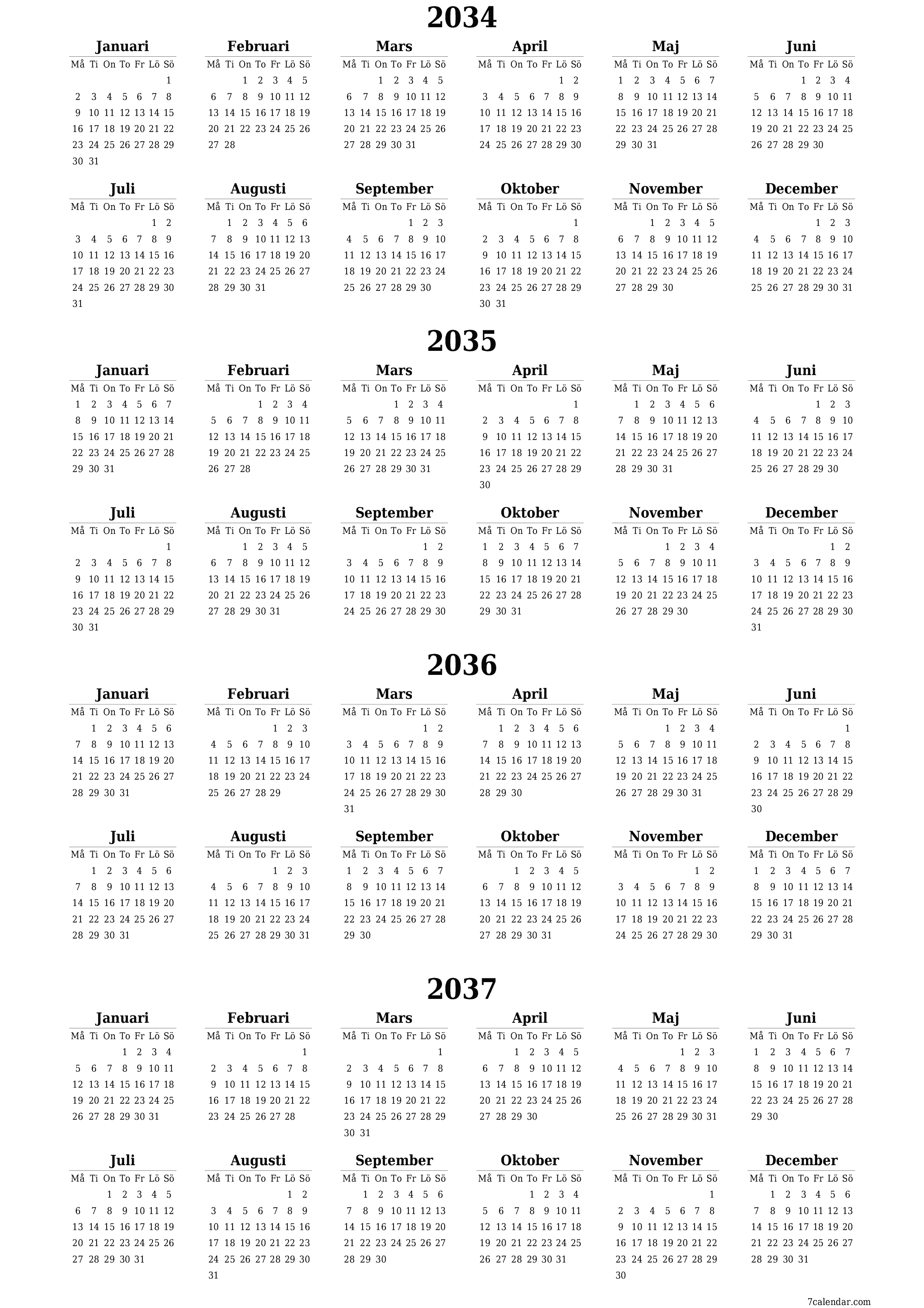 Tom årlig planeringskalender för året 2034, 2035, 2036, 2037 med anteckningar, spara och skriv ut till PDF PNG Swedish