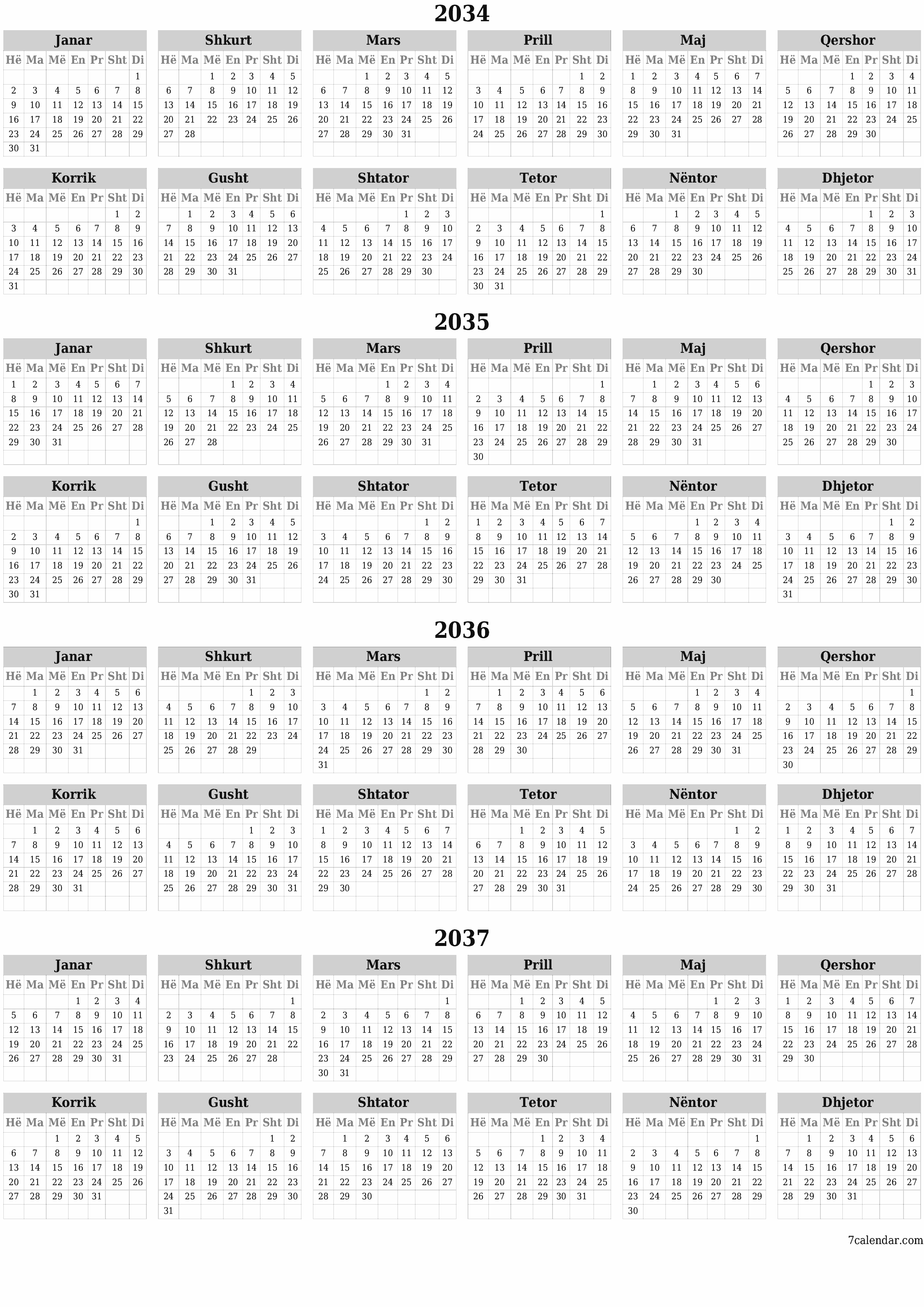 Planifikuesi bosh i kalendarit vjetor për vitin 2034, 2035, 2036, 2037 me shënime, ruani dhe printoni në PDF PNG Albanian