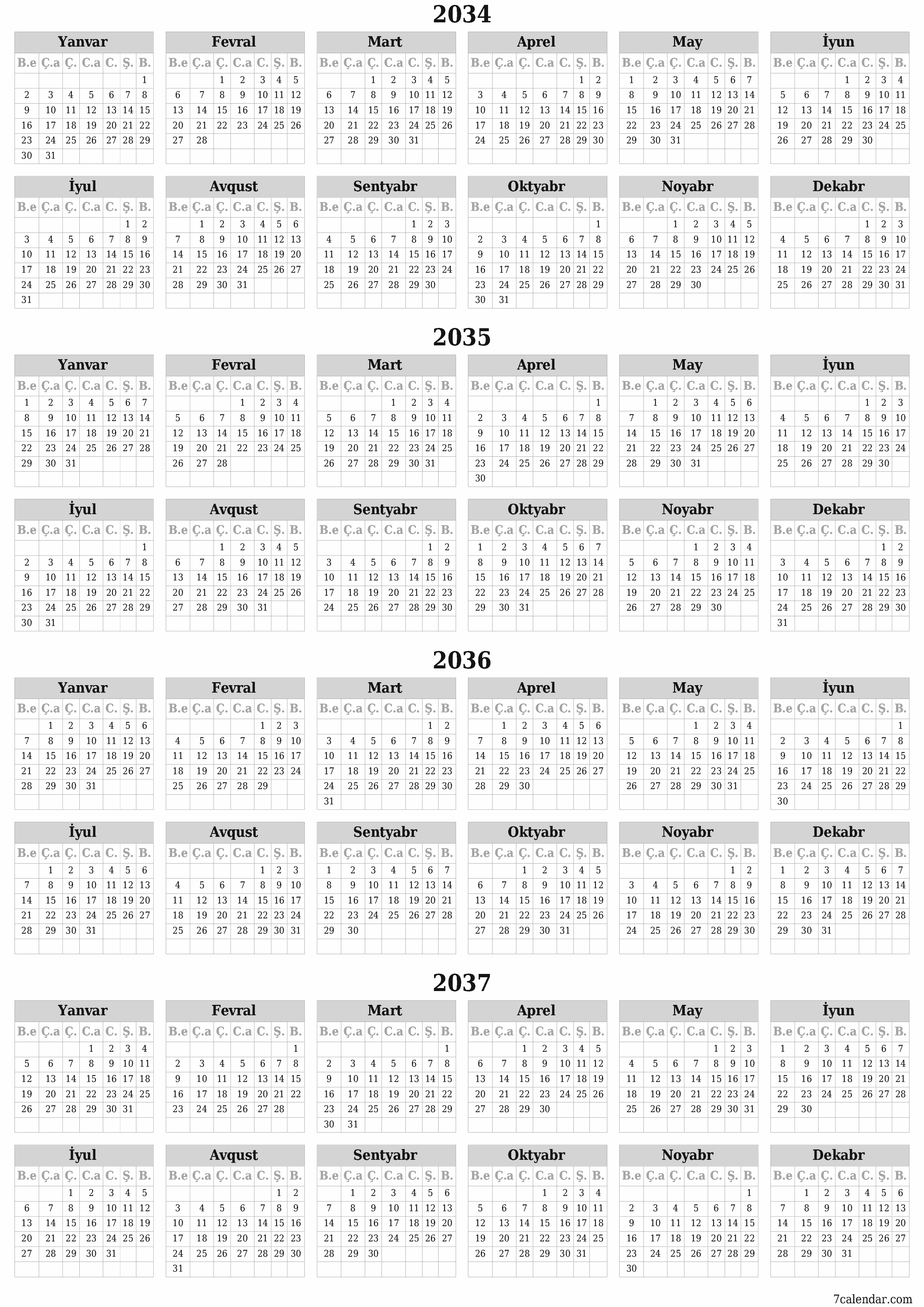 2034, 2035, 2036, 2037 ili üçün illik illik planlayıcı təqvim, qeydlər ilə boş saxlayın, qeyd edin və PDF-ə yazdırın PNG Azerbaijani