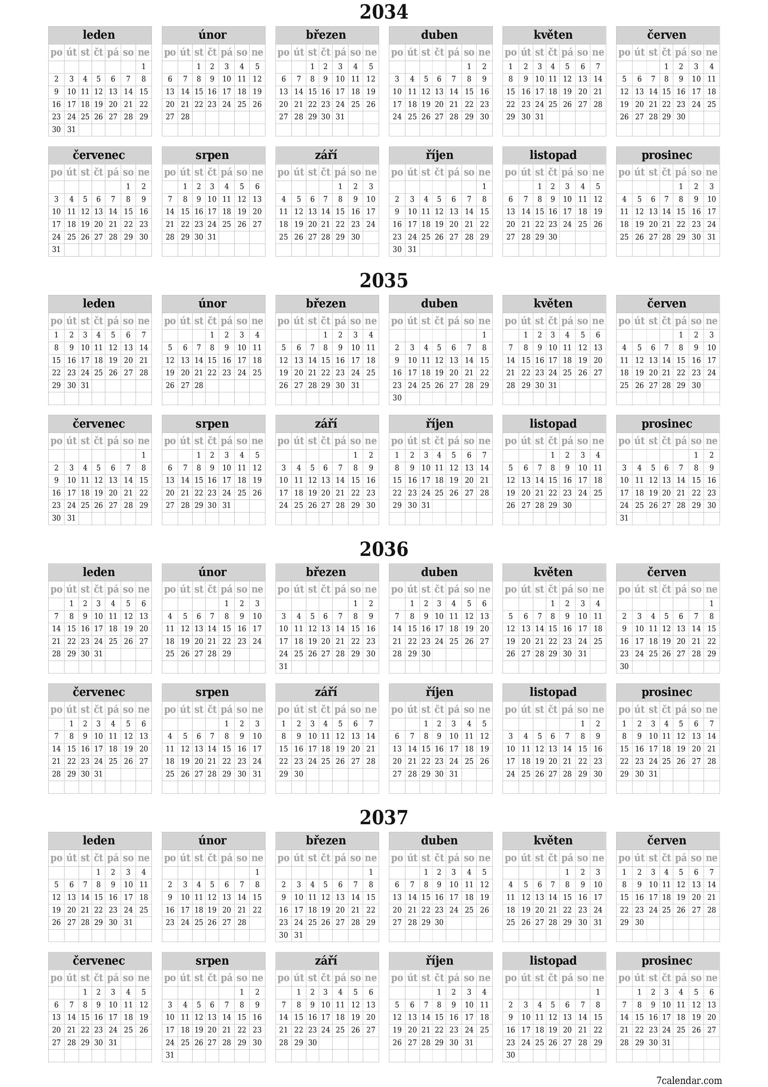 Prázdný roční kalendář plánovače pro rok 2034, 2035, 2036, 2037 s poznámkami, uložením a tiskem do PDF PNG Czech