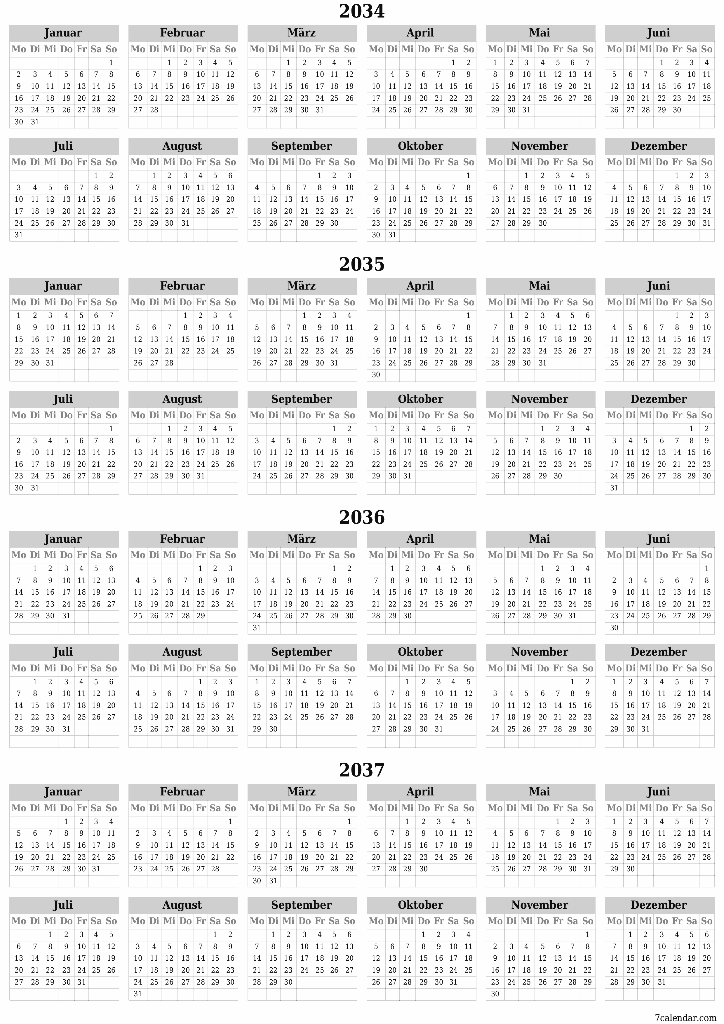 Jahresplanerkalender für das Jahr 2034, 2035, 2036, 2037 mit Notizen leeren, speichern und als PDF PNG German - 7calendar.com drucken