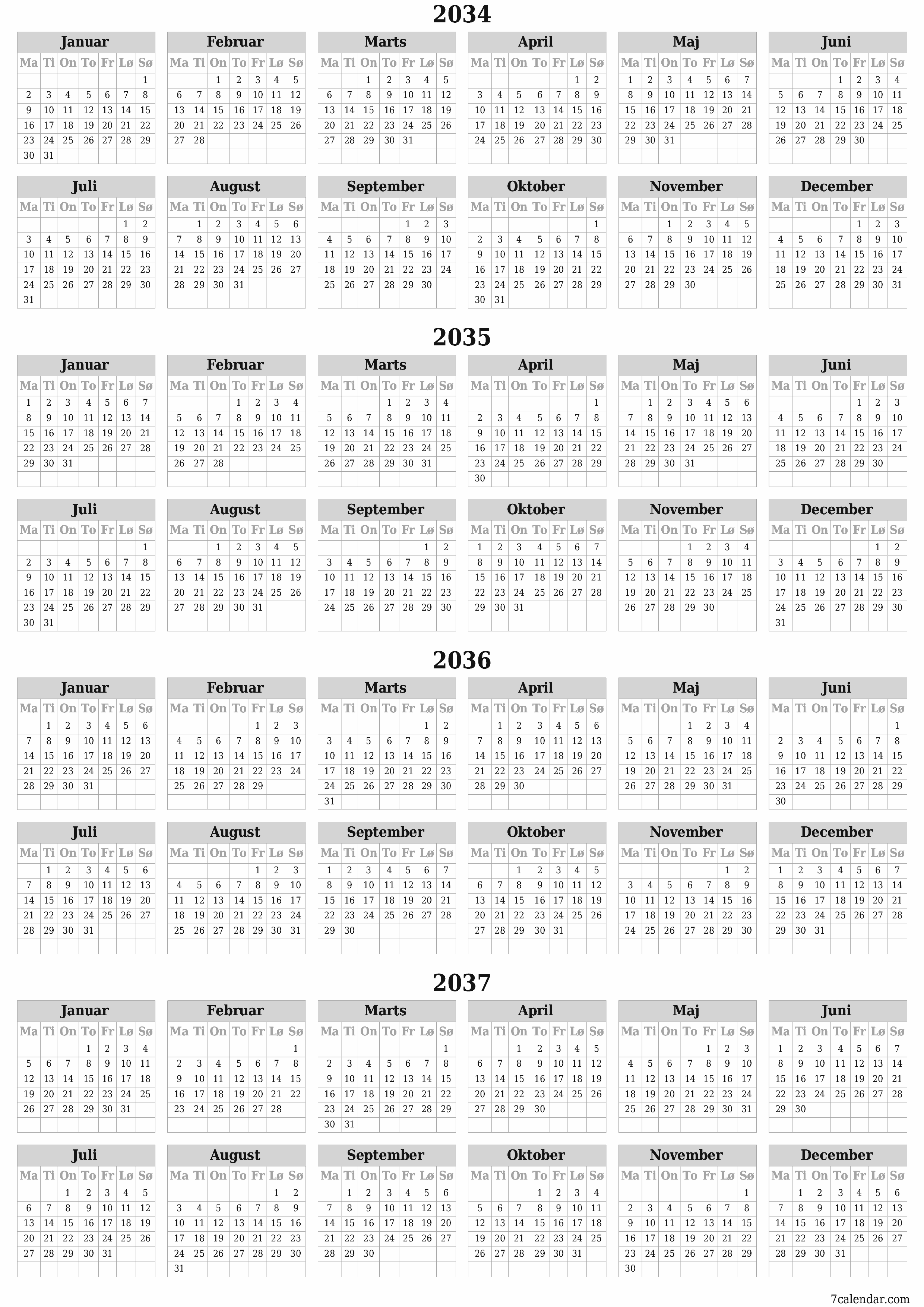 Tom årlig planlægningskalender for året 2034, 2035, 2036, 2037 med noter, gem og udskriv til PDF PNG Danish