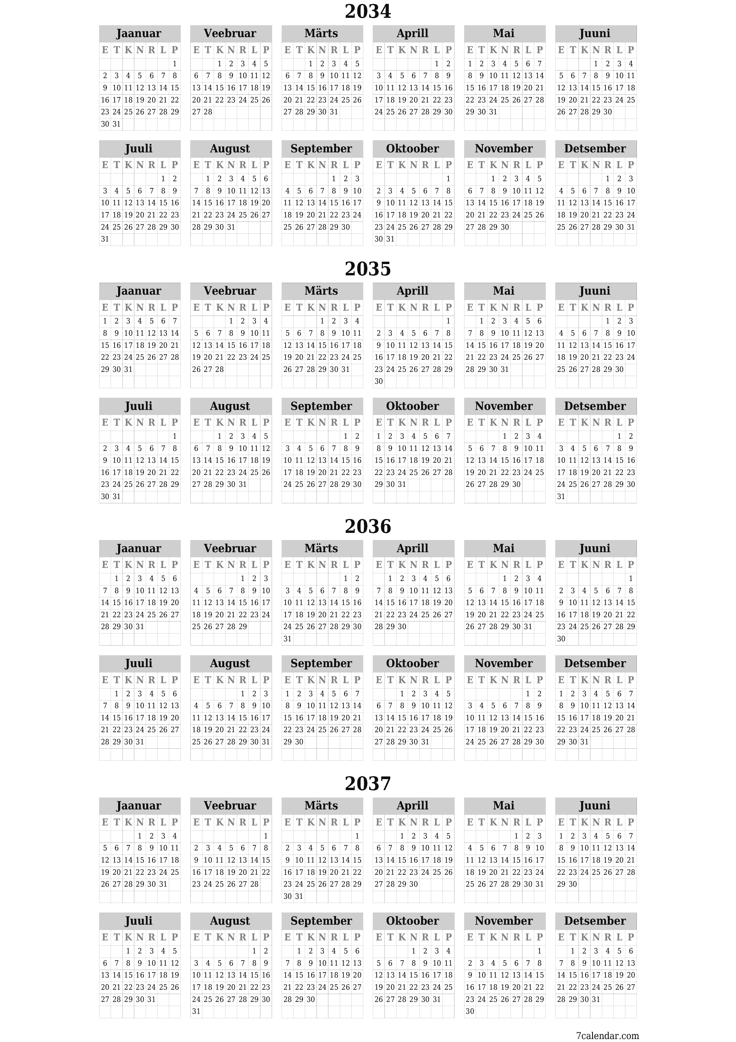 Tühi aasta planeerija kalender aastaks 2034, 2035, 2036, 2037 koos märkmetega, salvestage ja printige PDF-i PNG Estonian