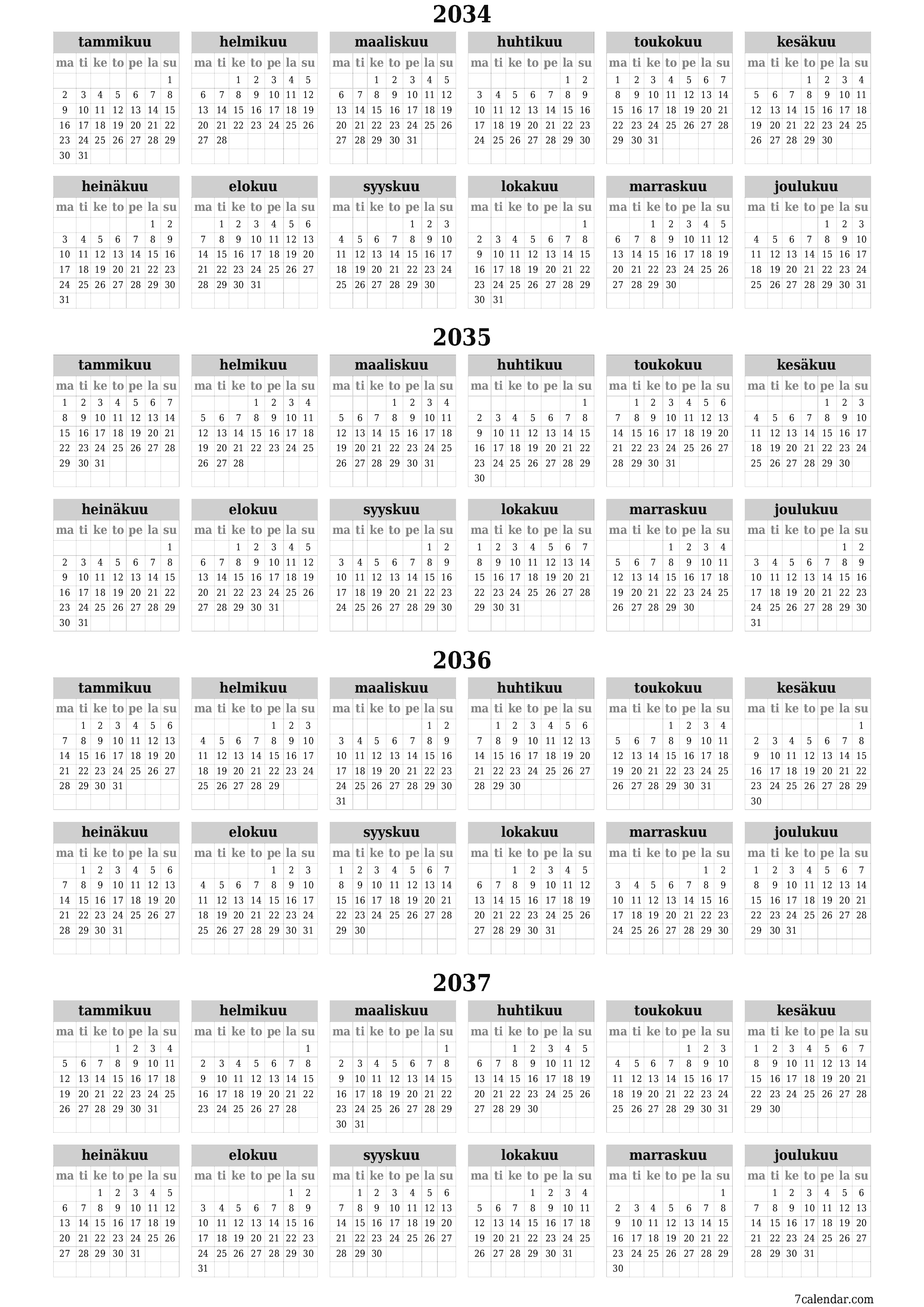 tulostettava seinä n malli ilmainen pystysuora Vuosittain kalenteri Kesäkuu (Kesä) 2034