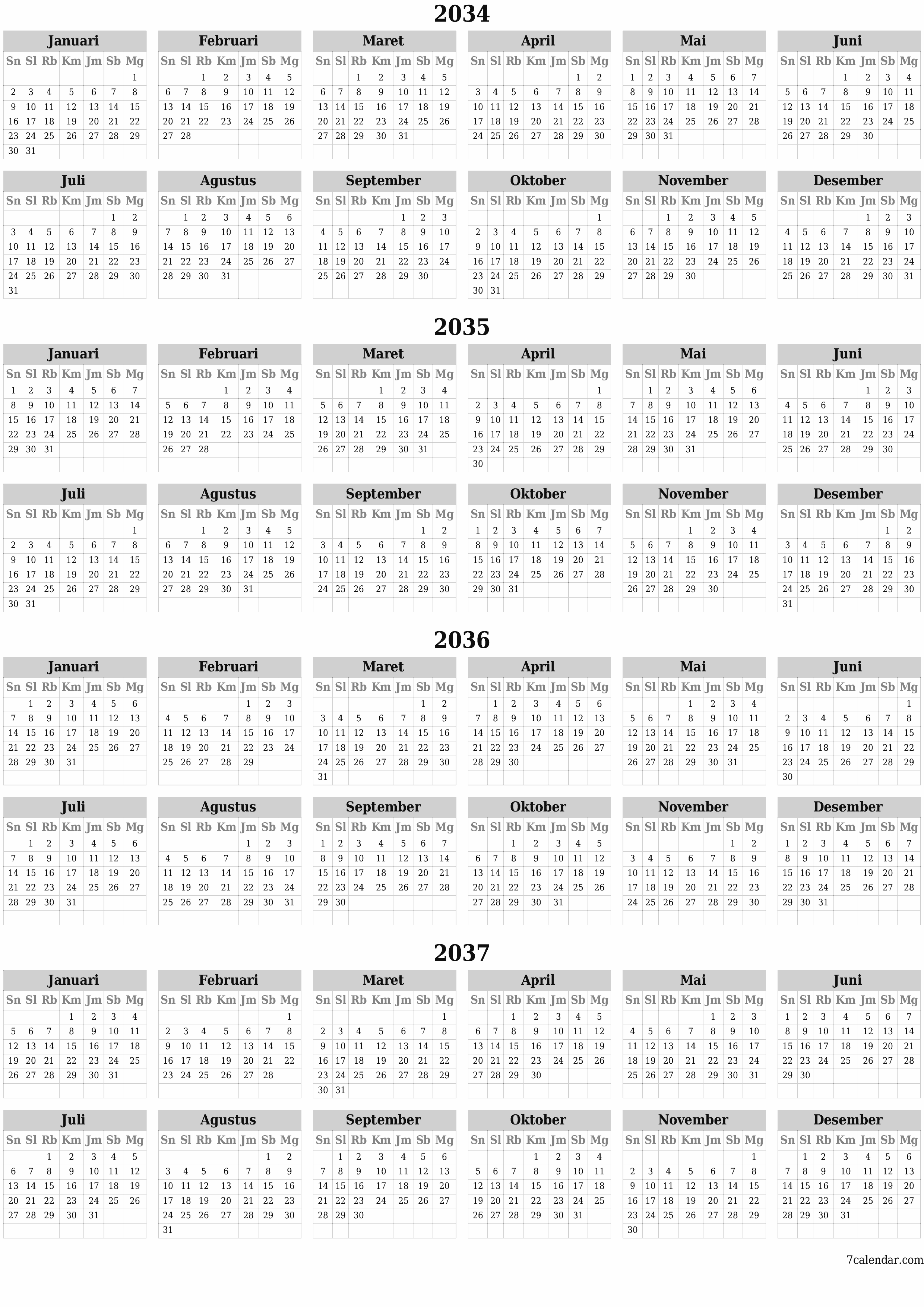 Kosongkan kalender perencana tahunan untuk tahun ini 2034, 2035, 2036, 2037 dengan catatan, simpan dan cetak ke PDF PNG Indonesian