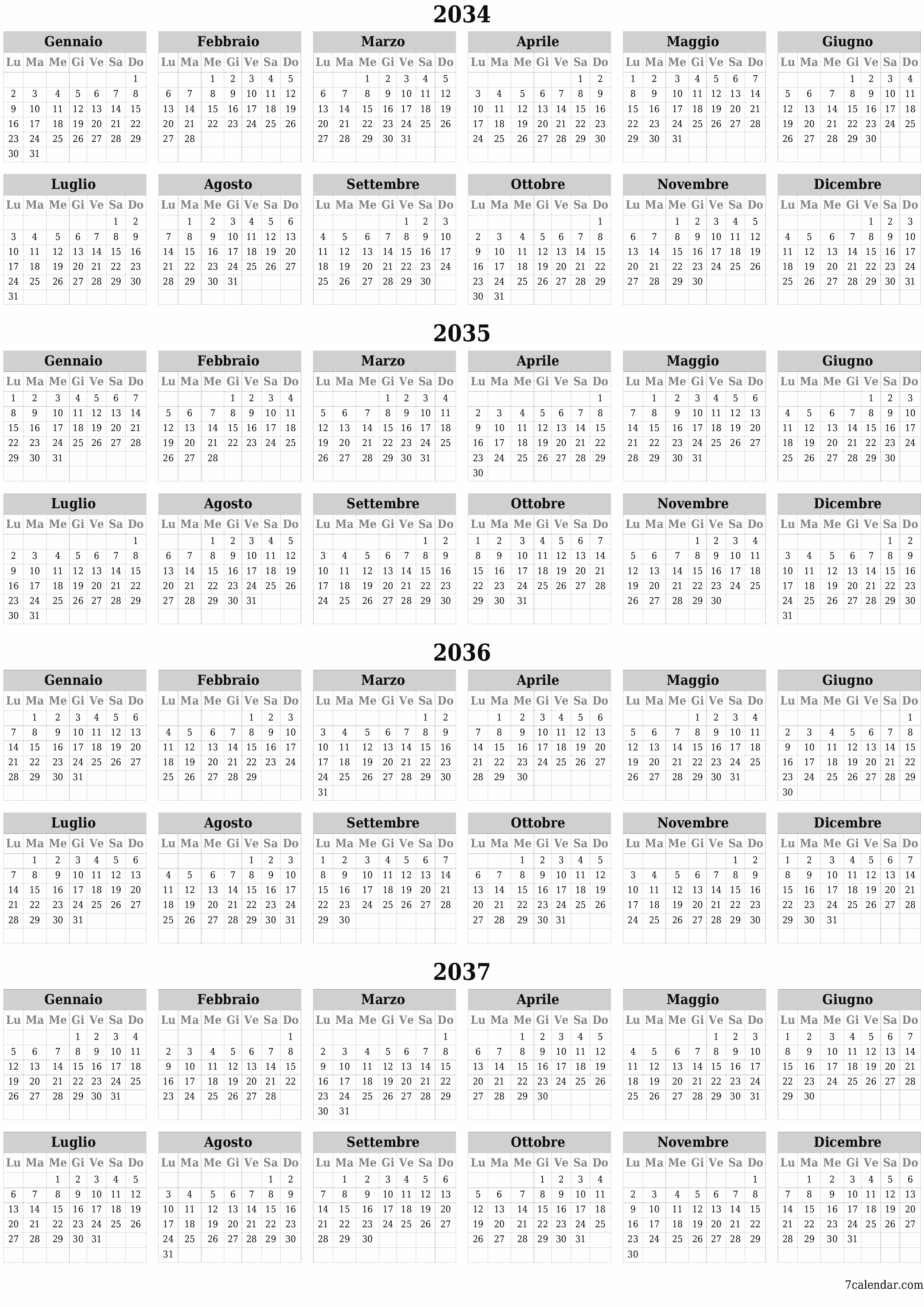 Calendario pianificatore annuale vuoto per l'anno 2034, 2035, 2036, 2037 con note, salva e stampa in PDF PNG Italian