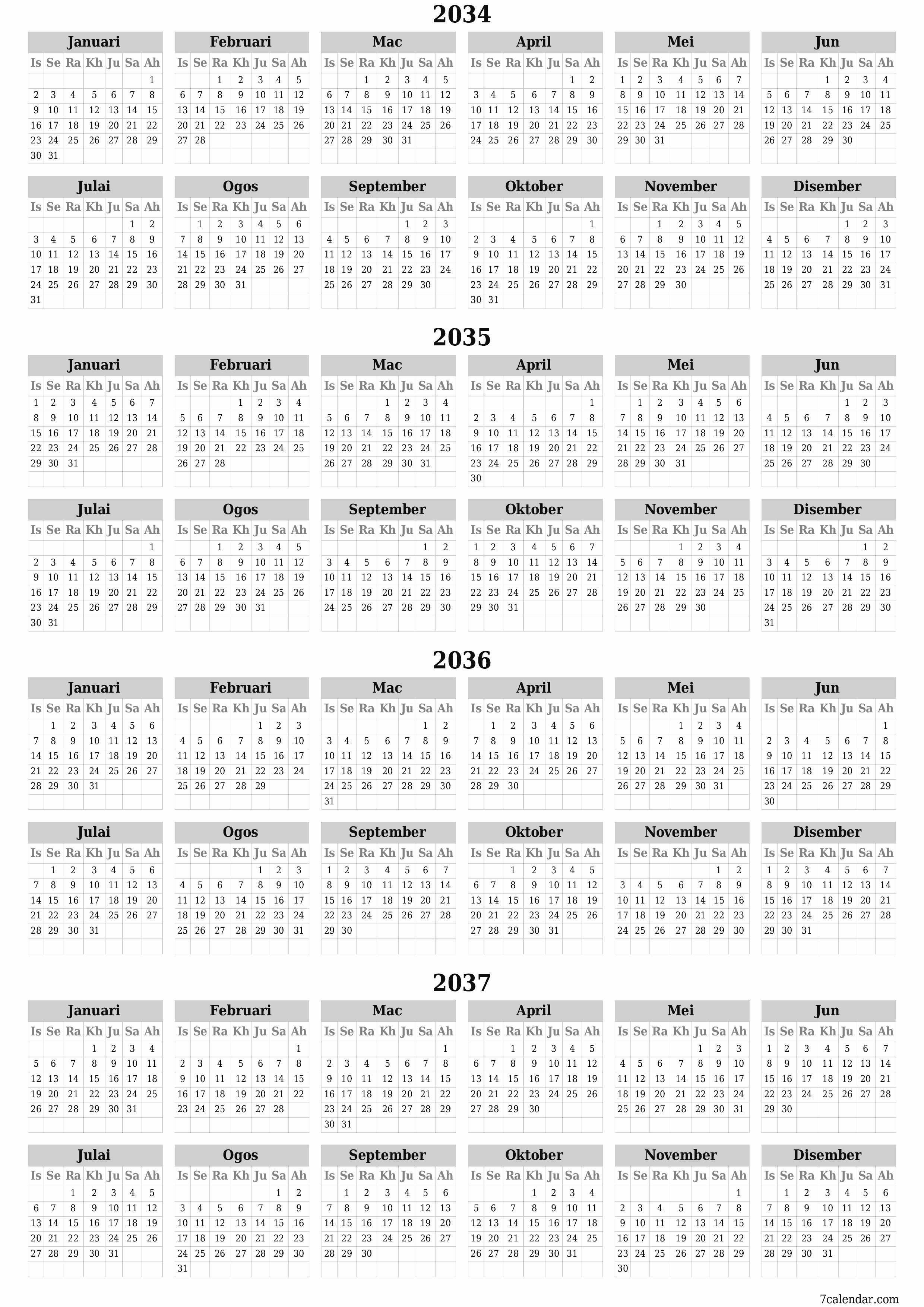 Kalendar perancang tahunan kosong untuk tahun ini 2034, 2035, 2036, 2037 dengan nota, simpan dan cetak ke PDF PNG Malay