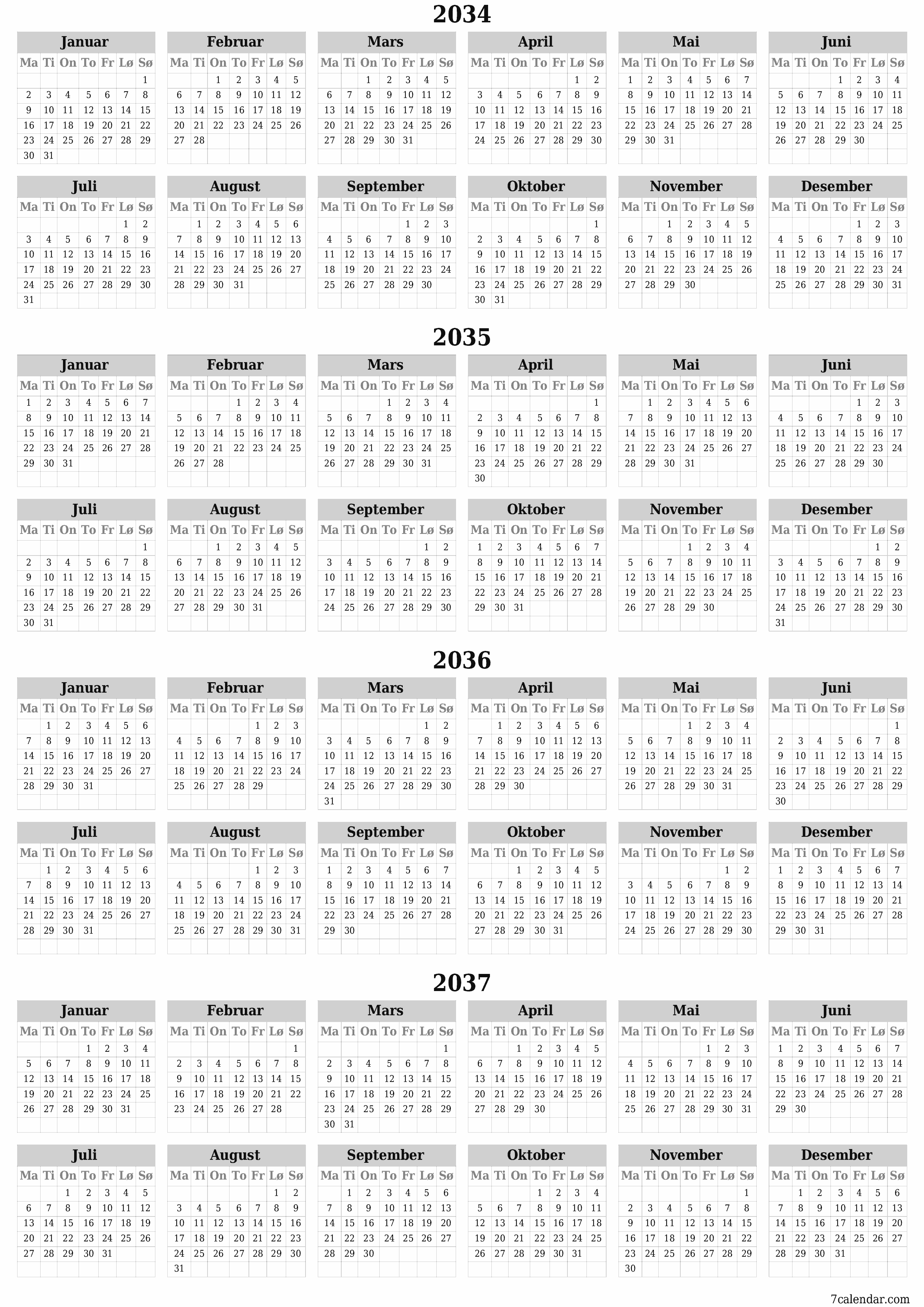 Tom årlig planleggerkalender for året 2034, 2035, 2036, 2037 med notater, lagre og skrive ut i PDF PNG Norwegian