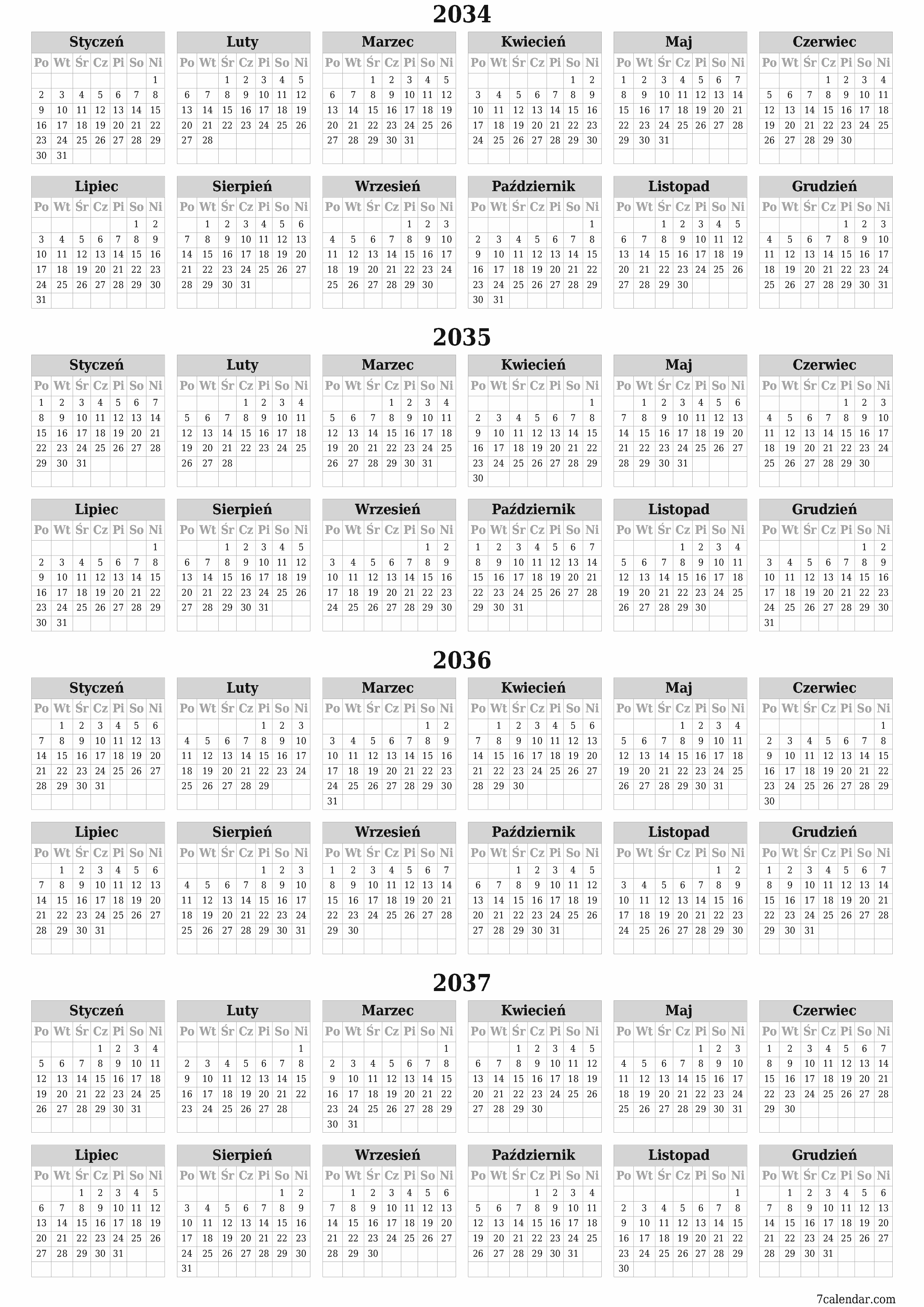 Opróżnij kalendarz rocznego planowania na rok 2034, 2035, 2036, 2037 z notatkami, zapisz i wydrukuj w formacie PDF PNG Polish