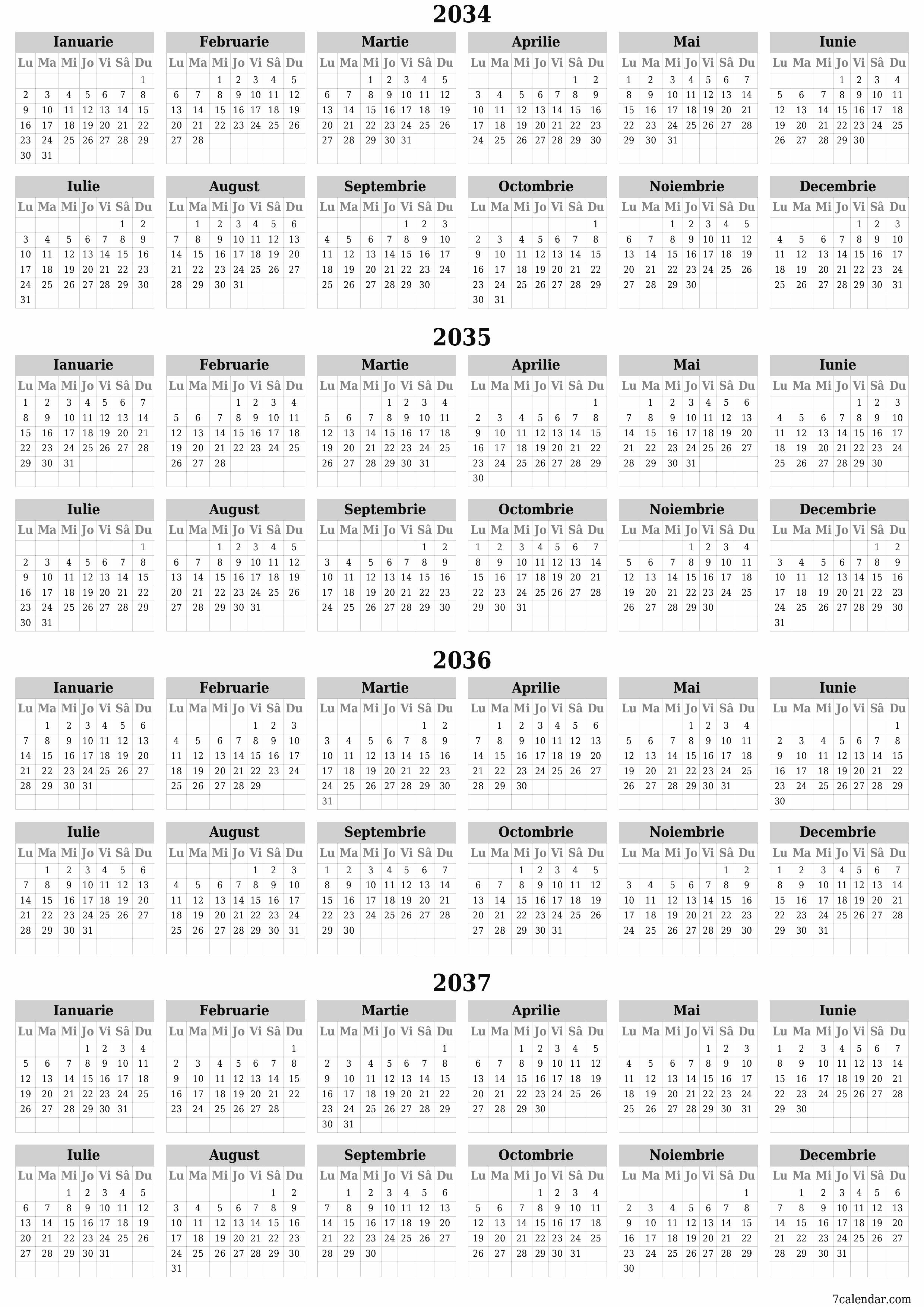 Goliți calendarul anual al planificatorului pentru anul 2034, 2035, 2036, 2037 cu note, salvați și tipăriți în PDF PNG Romanian