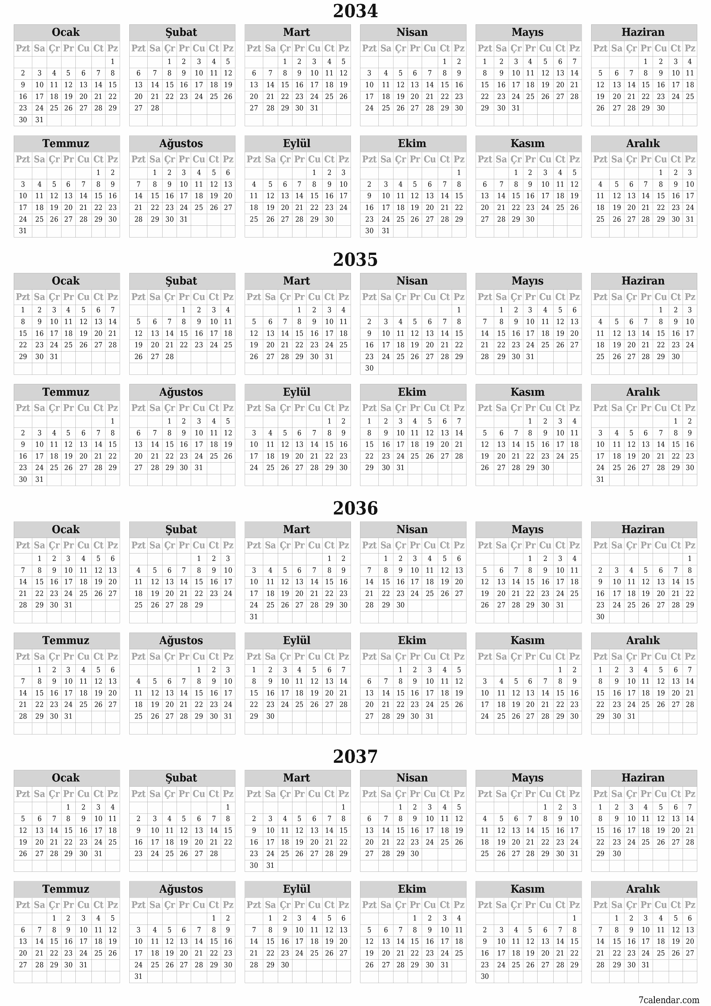 Notlarla 2034, 2035, 2036, 2037 yıl için yıllık planlayıcı takvimini boşaltın, kaydedin ve PDF olarak yazdırın PNG Turkish