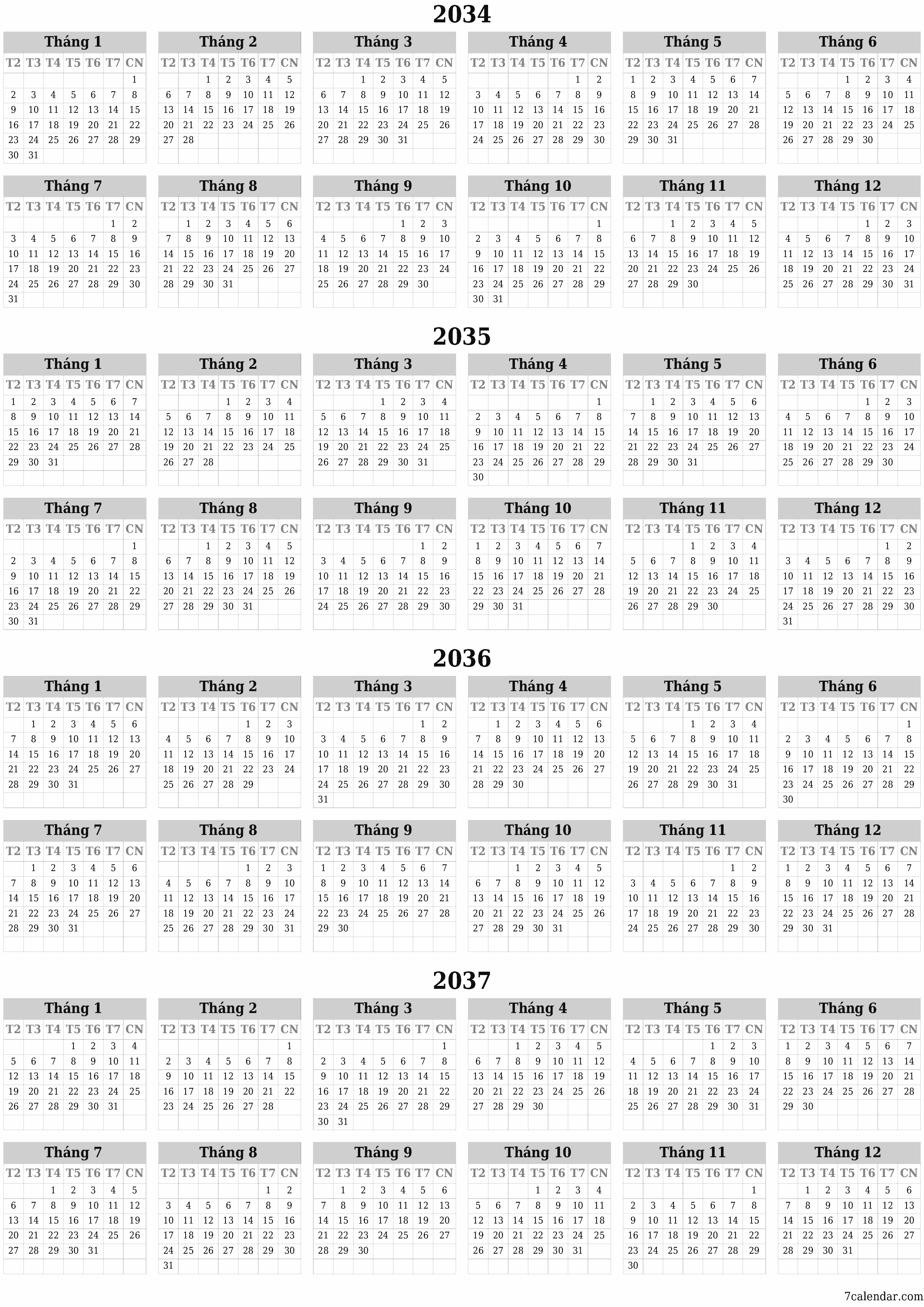 Lịch kế hoạch hàng năm trống cho năm 2034, 2035, 2036, 2037 có ghi chú, lưu và in sang PDF PNG Vietnamese